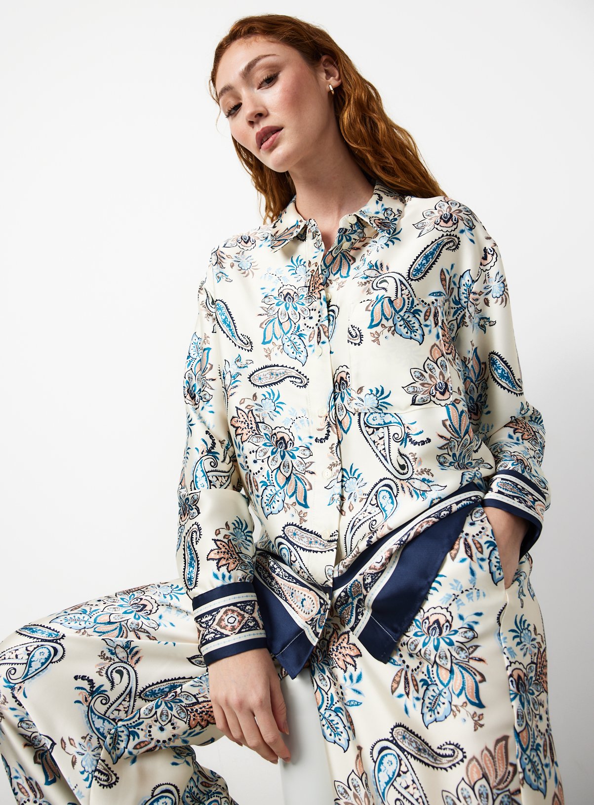 White Paisley Scarf Print Satin Relaxed Fit Co-ord Shirt 