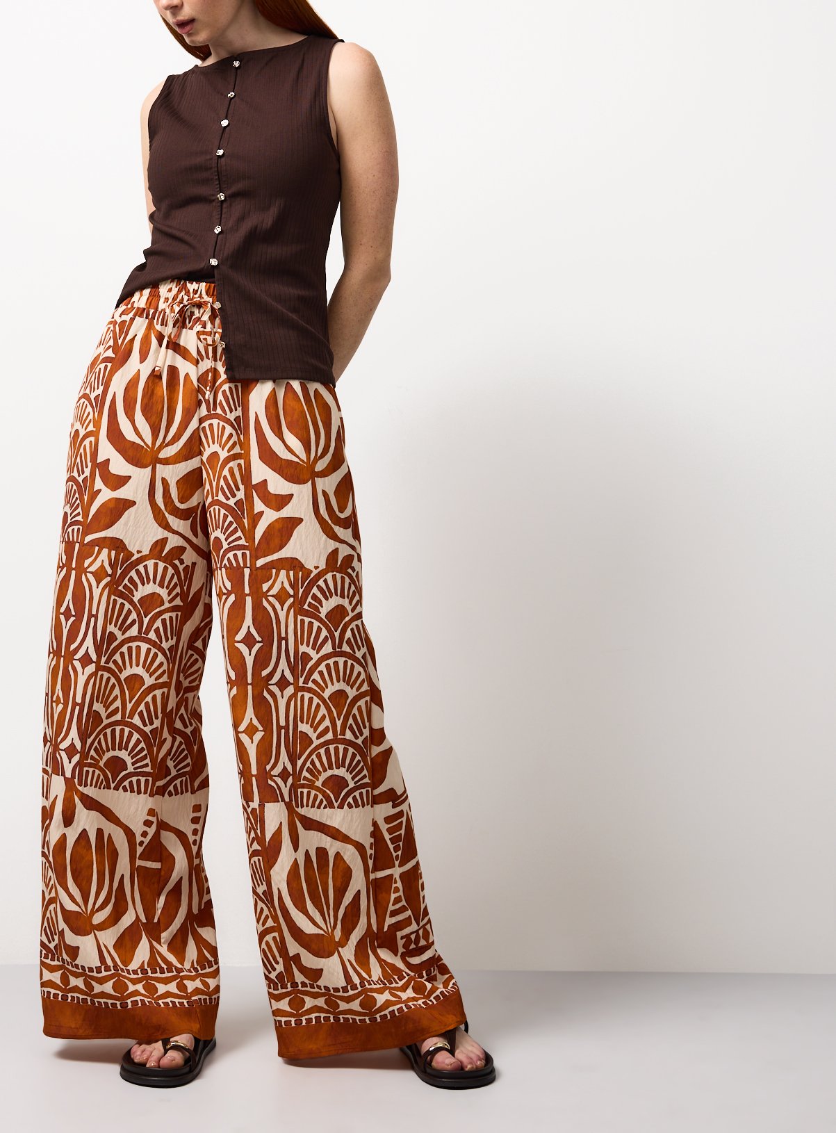 Orange Scarf Print Wide Leg Trousers 
