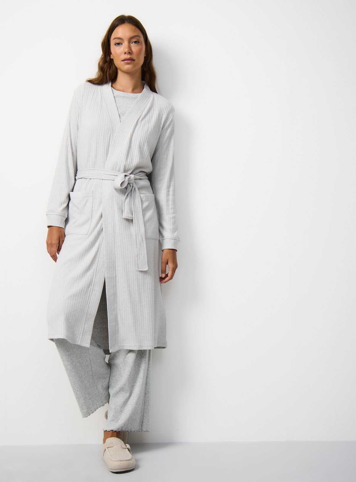Grey Ribbed Dressing Gown 