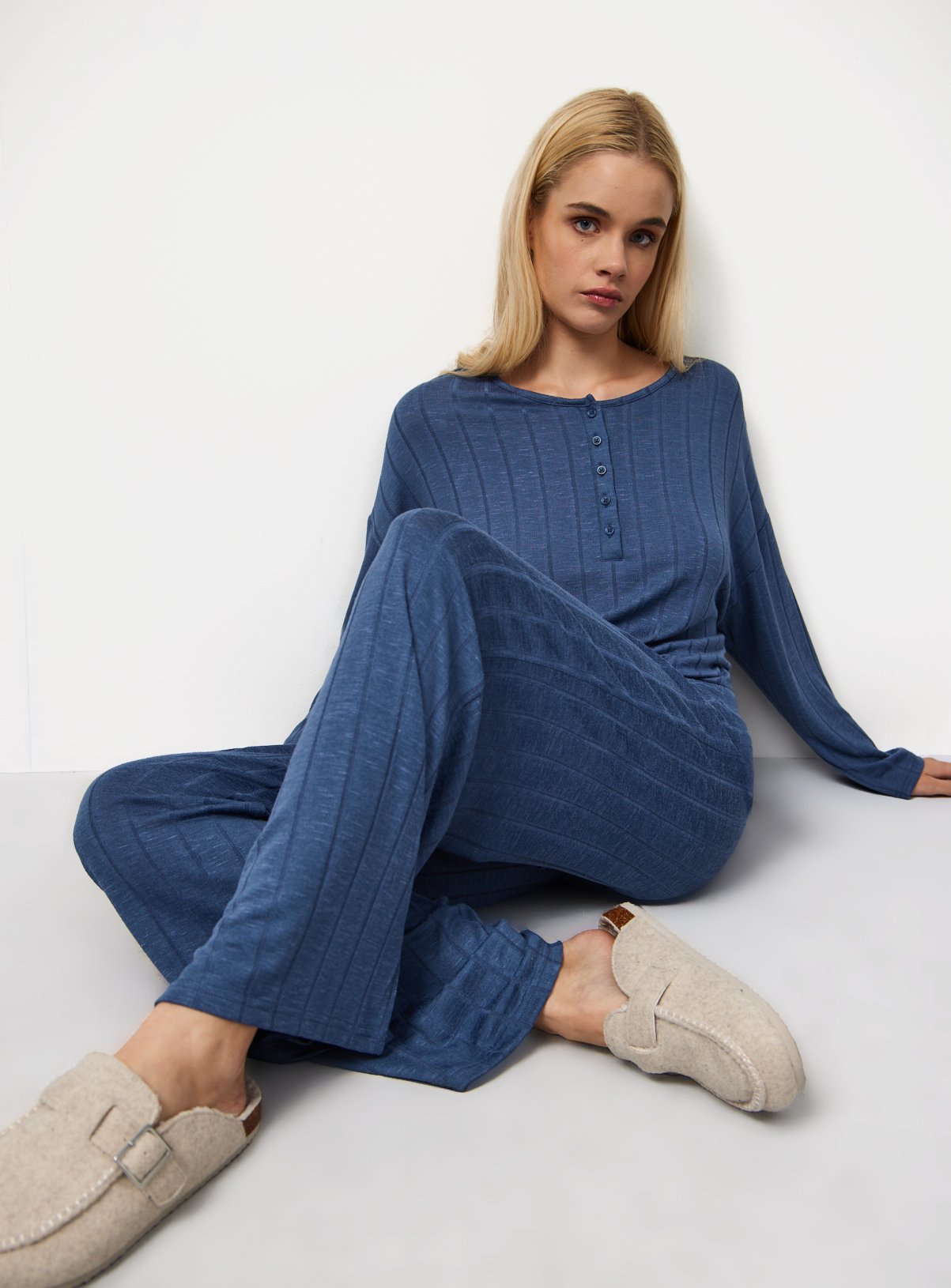 Blue Wide Rib Wide Leg Pyjama Co-ord Bottoms 