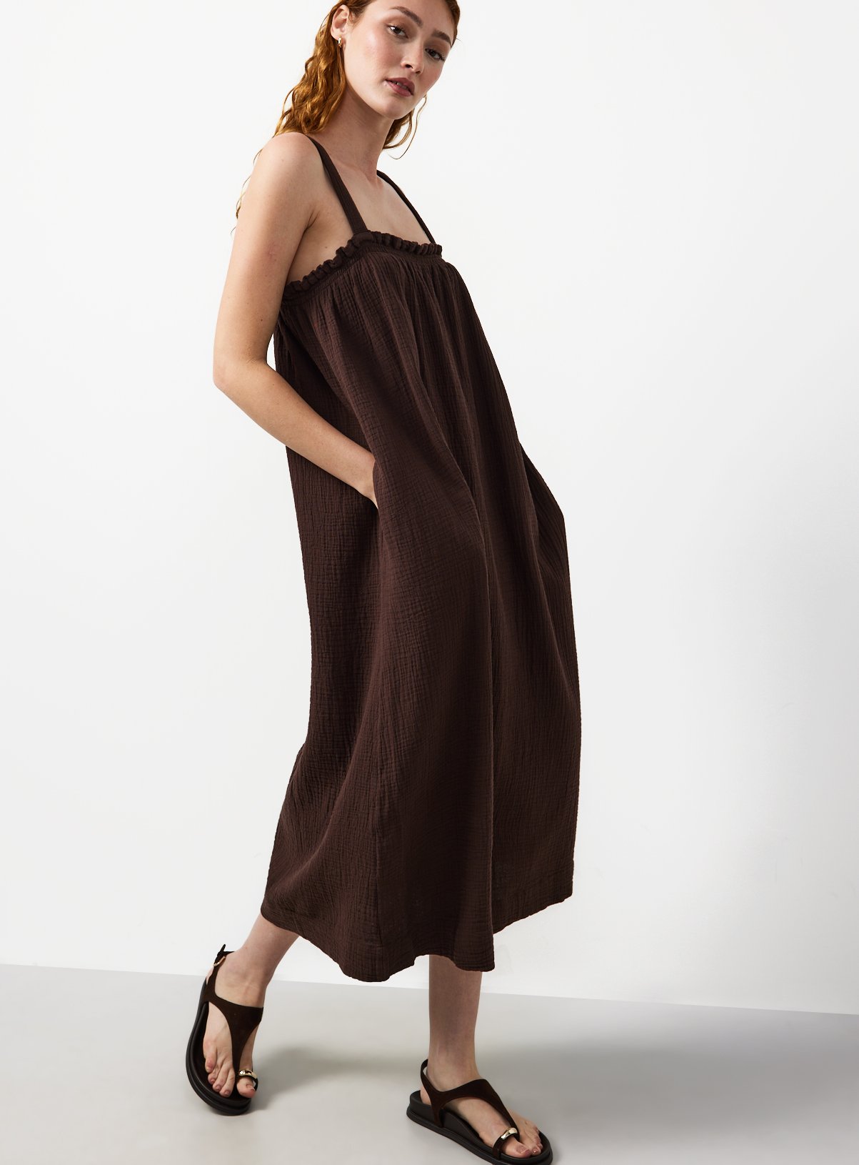 Brown Square Neck Sleeveless Cami Dress 16