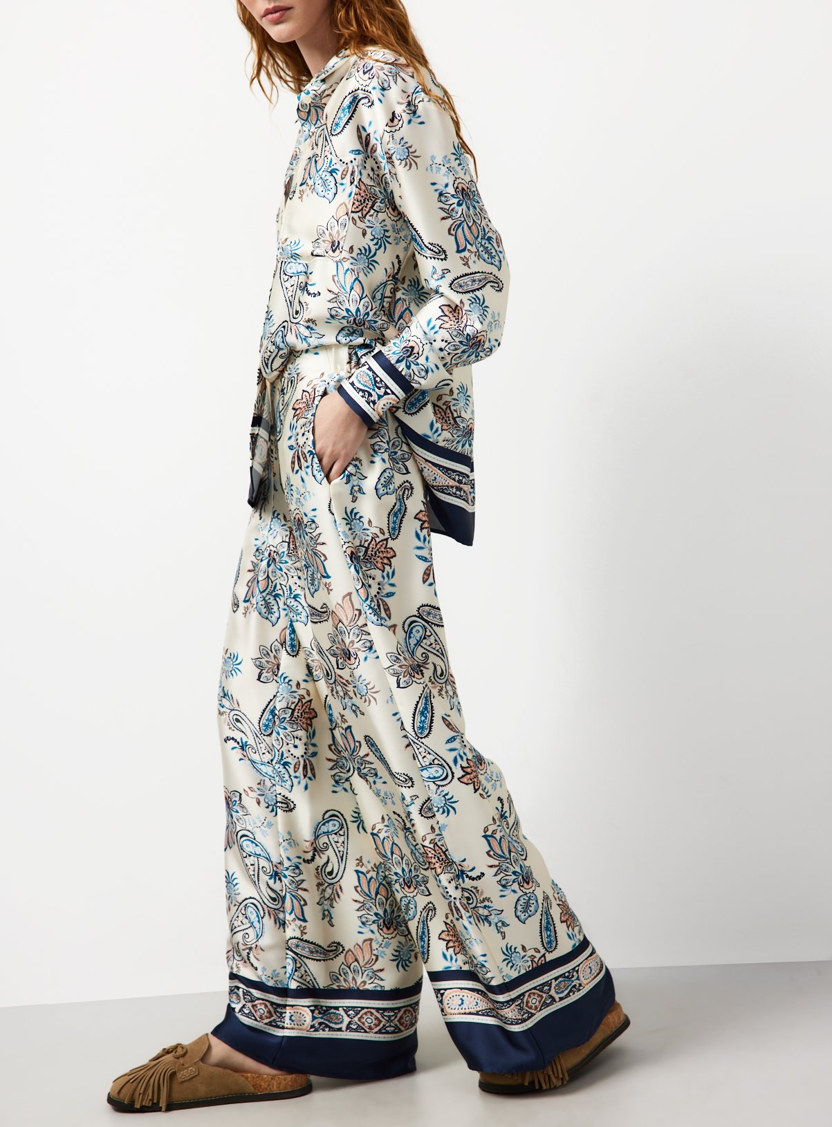 Cream Paisley Scarf Print Wide Leg Co-ord Trousers 