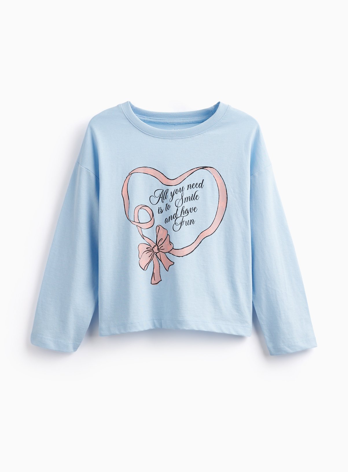 Light Blue Heart Bow Graphic Relaxed Fit Long Sleeve T-Shirt 