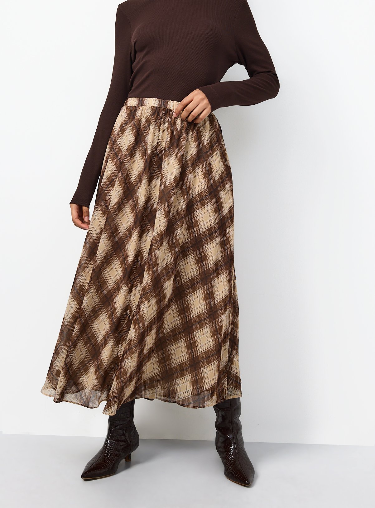 Check Chiffon Midaxi Skirt 