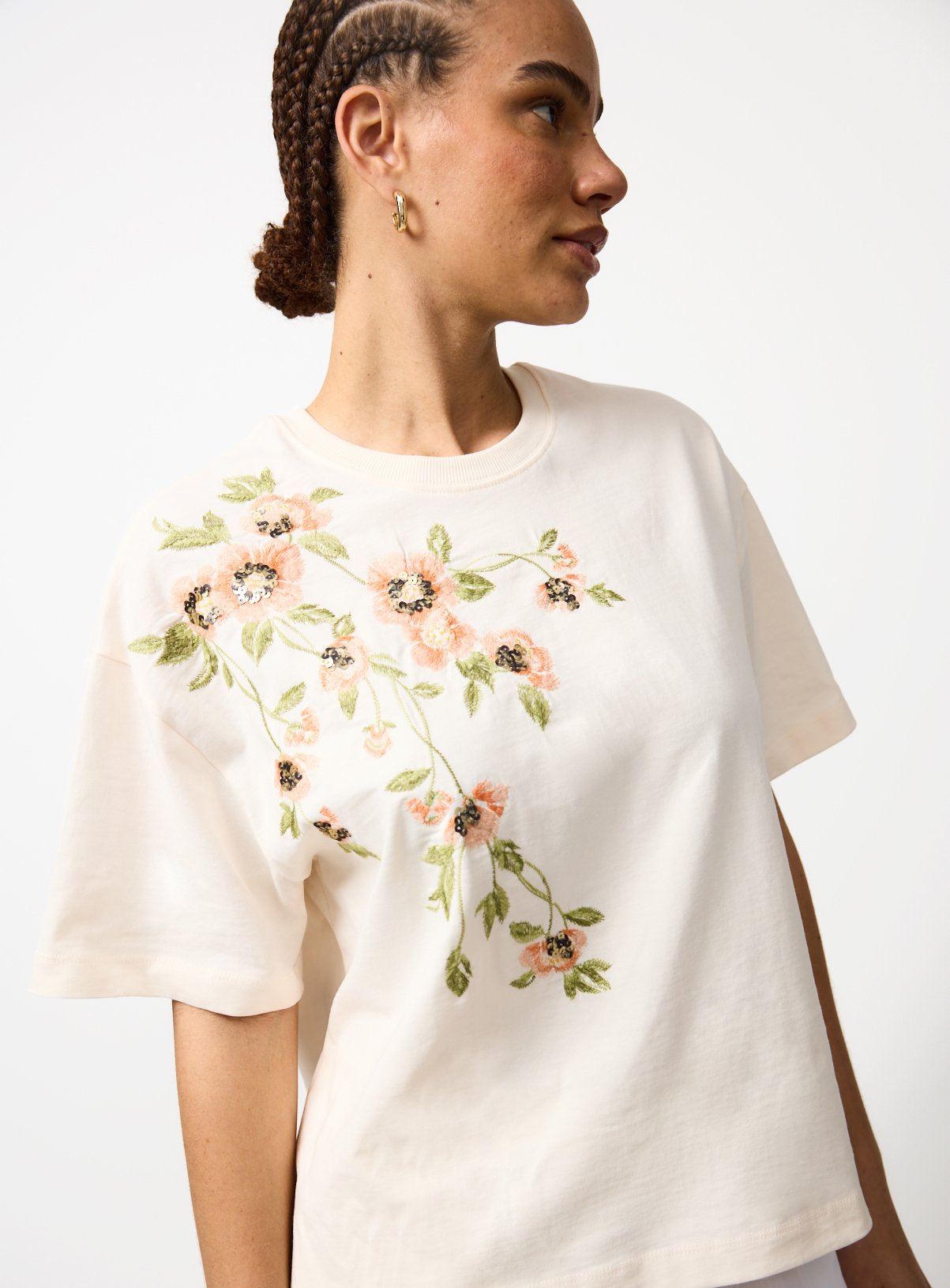 Cream Floral Embroidered T-Shirt XS