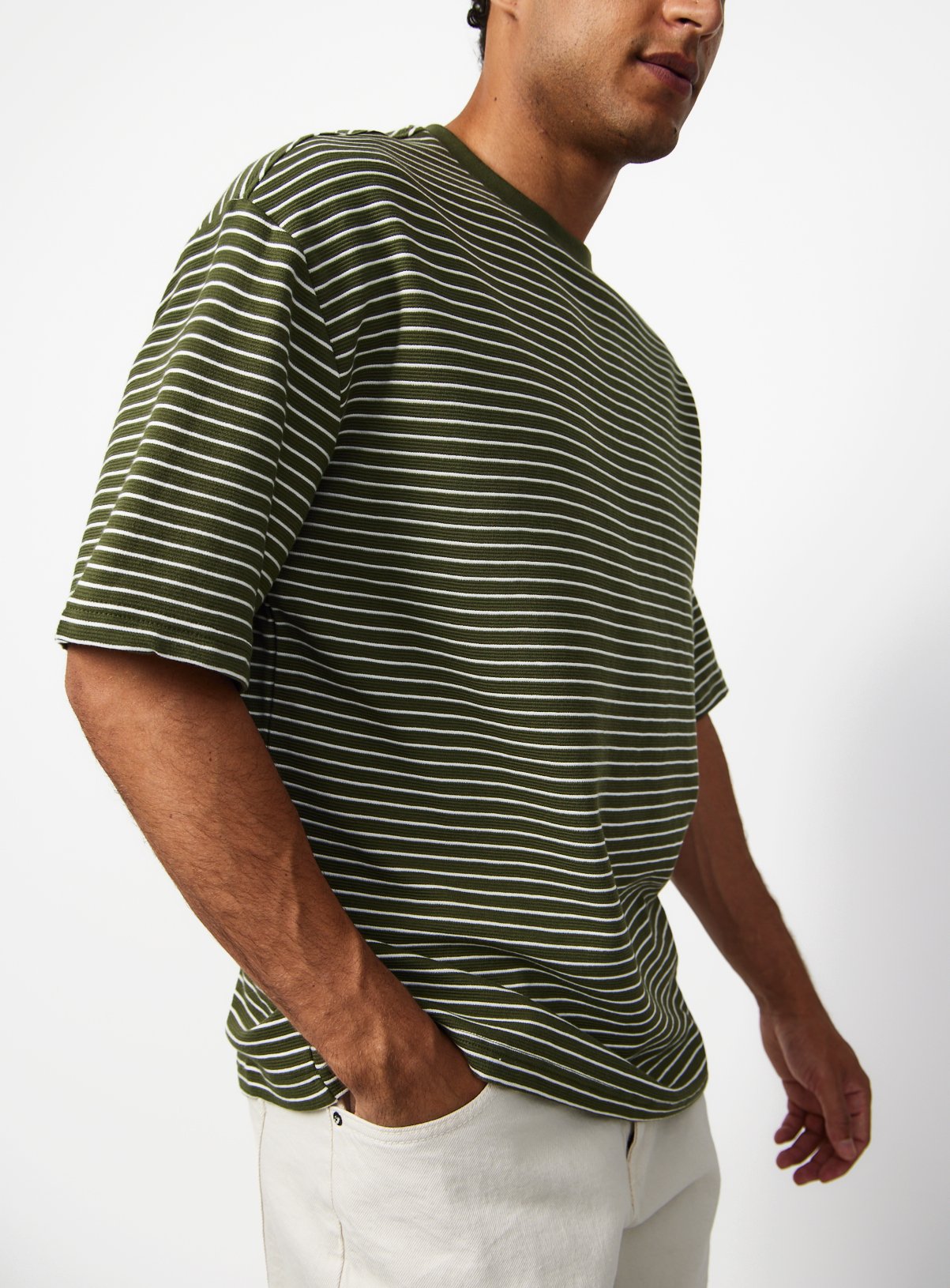 Khaki Stripe Print Relaxed Fit T-Shirt 