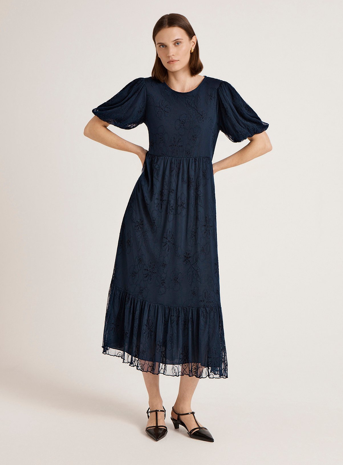 FINERY Yasmine Broderie Detail Midi Dress Navy 