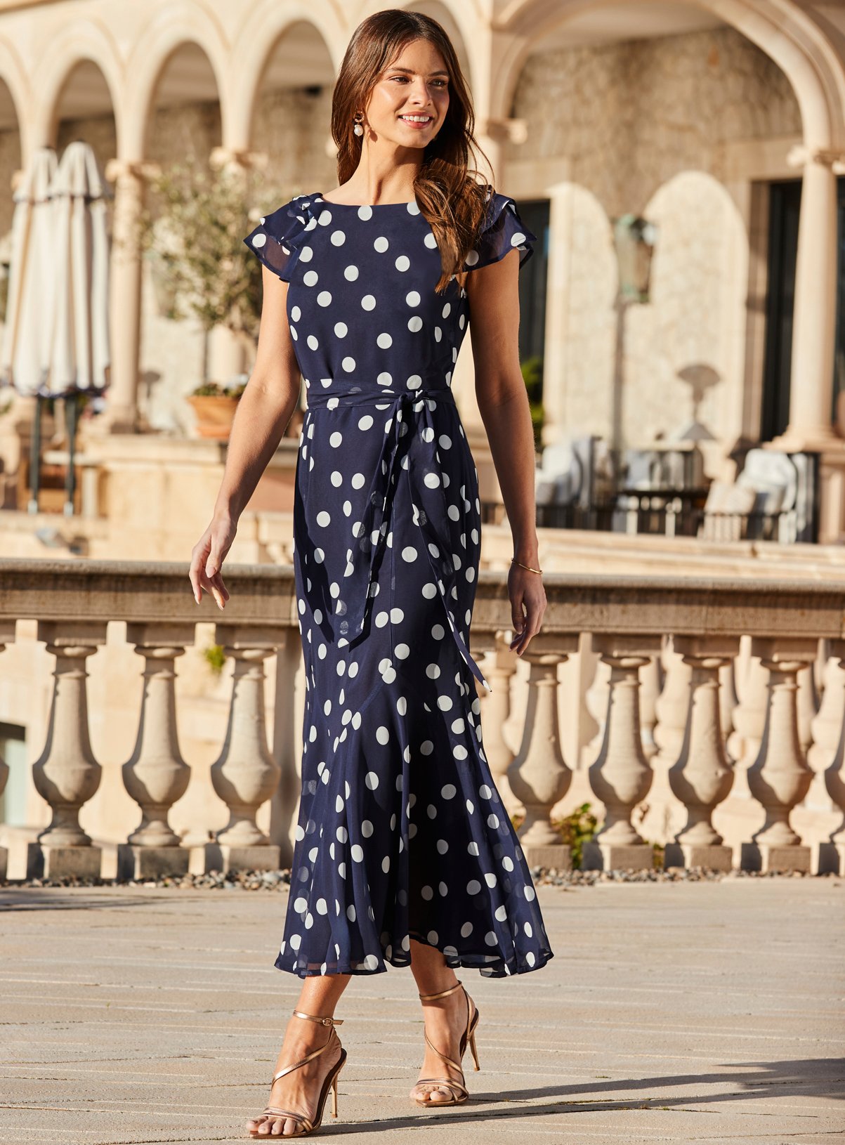 SOSANDAR Navy Blue Spot Print Frill Hem Midaxi Dress
