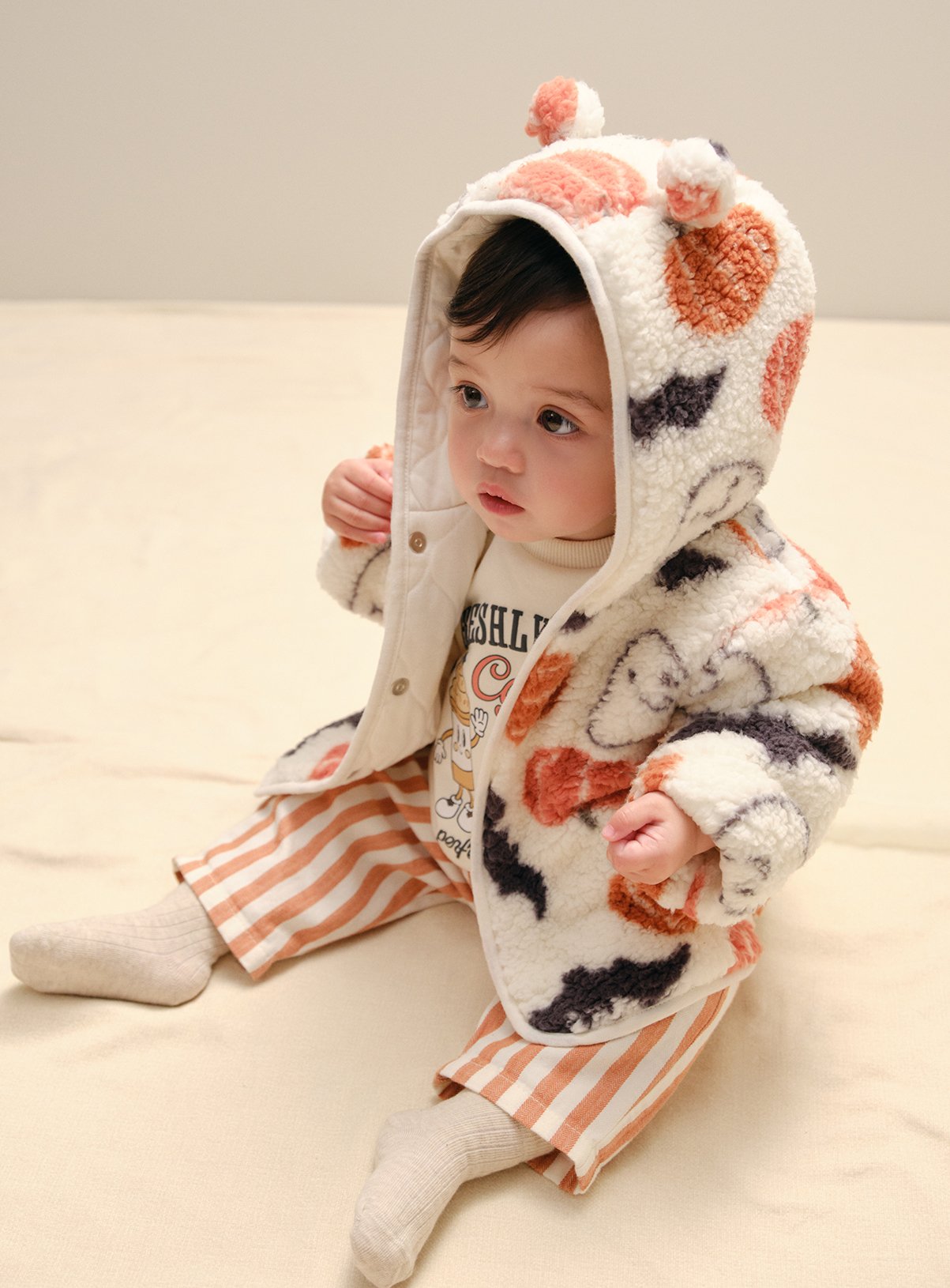 Cream Halloween Print Borg Hoodie 