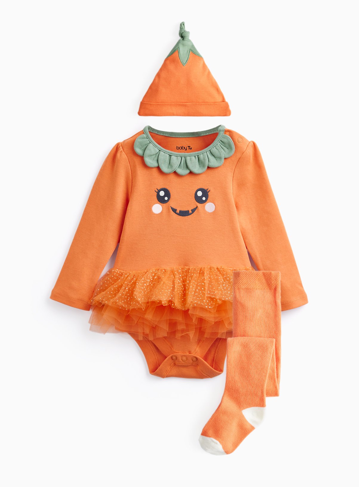 Orange Halloween Pumpkin Tutu Bodysuit, Tights and Hat 