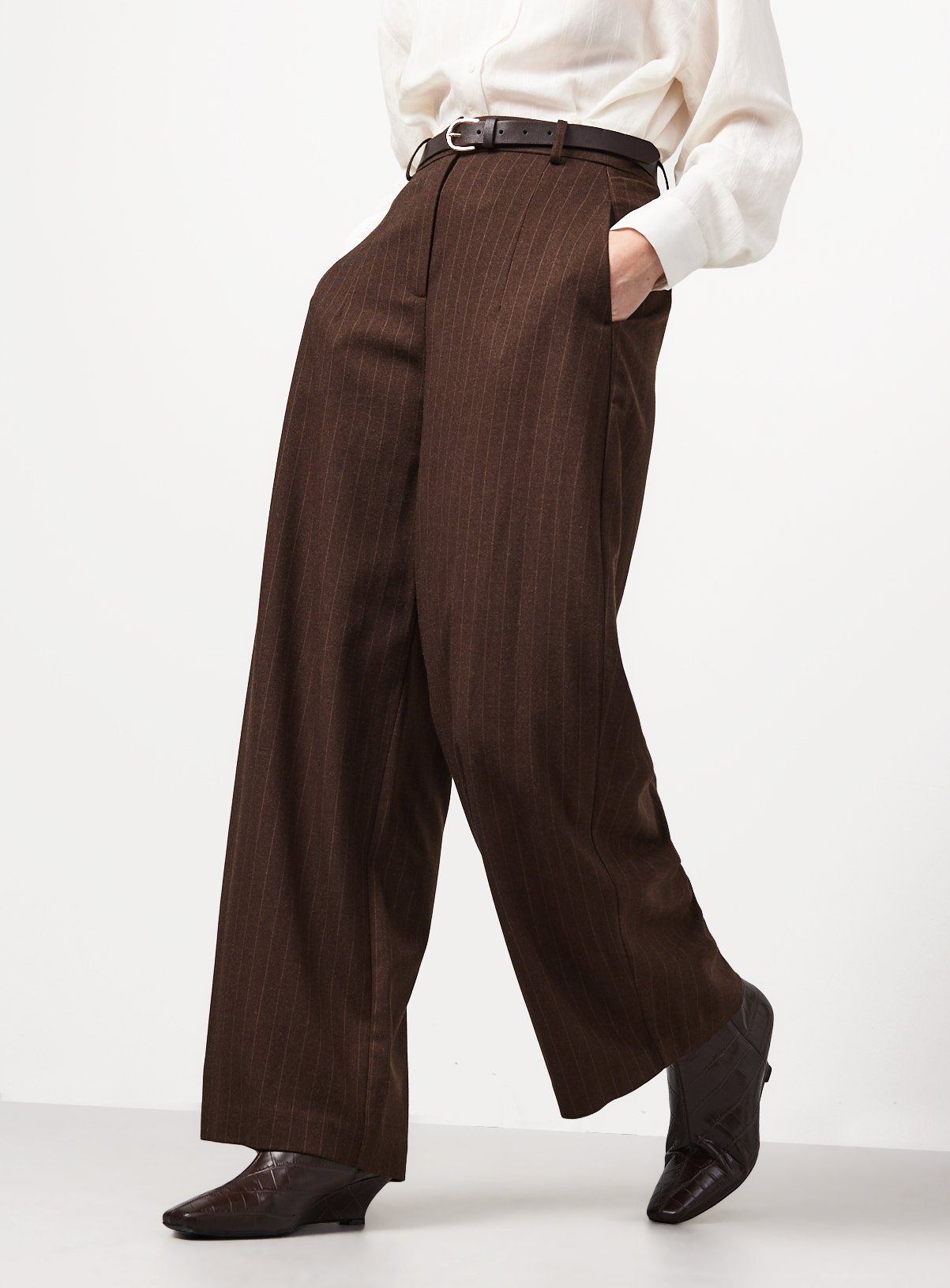 Brown Pinstripe Barrel Trousers 