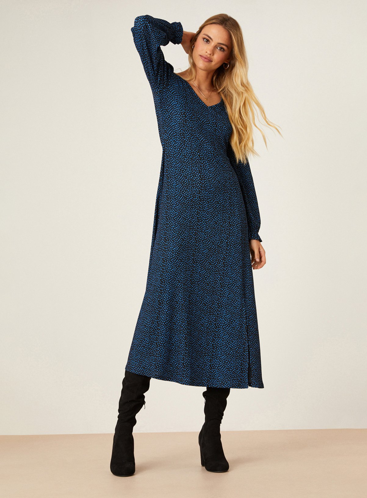 DOROTHY PERKINS Blue Spot V Neck Midi Dress 