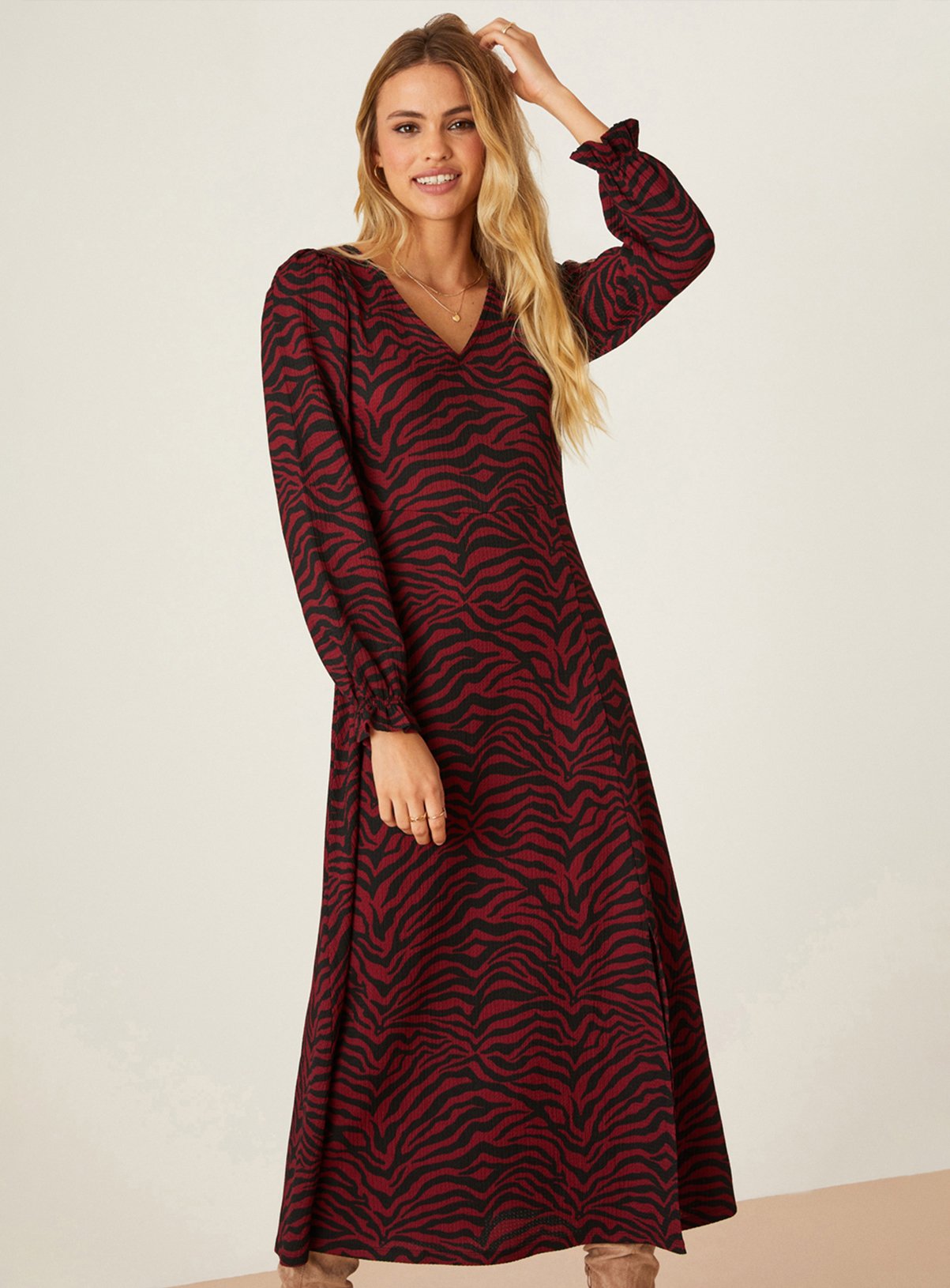 DOROTHY PERKINS Berry Zebra V Neck Midi Dress 