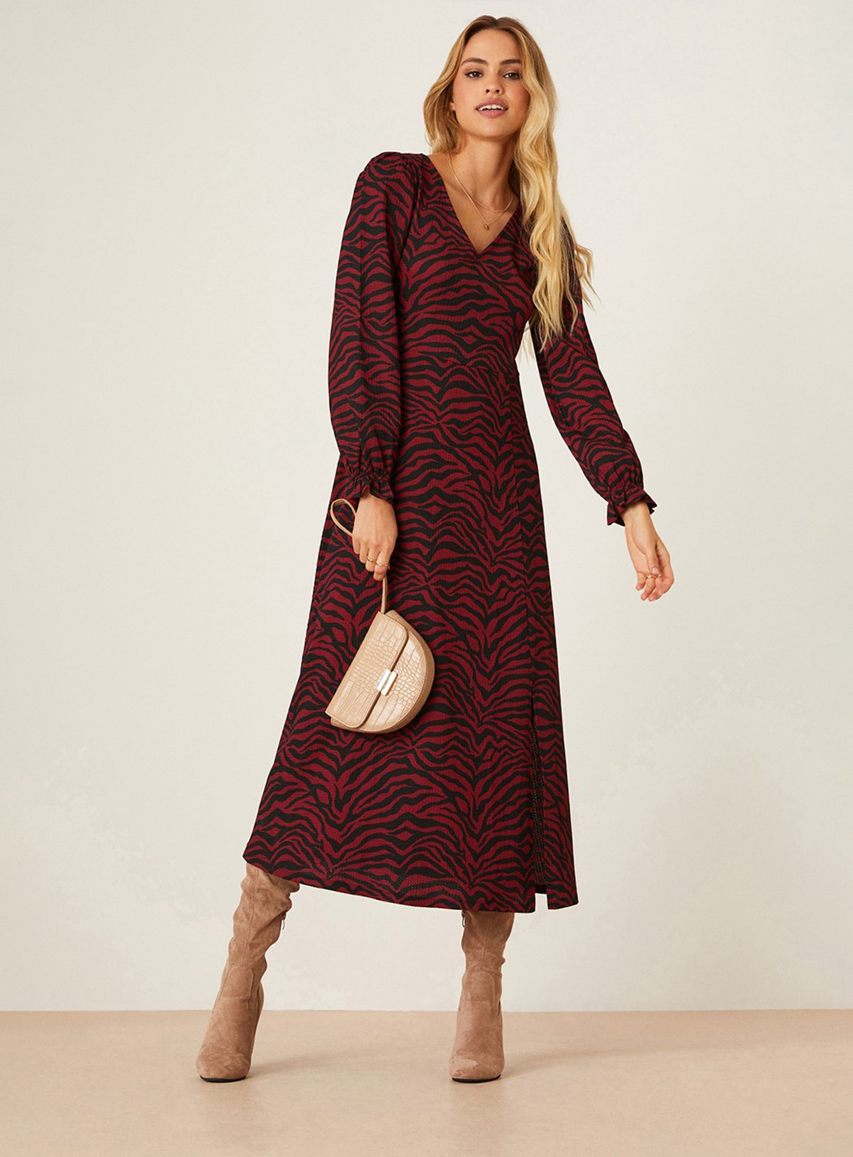 DOROTHY PERKINS Berry Zebra V Neck Midi Dress 16