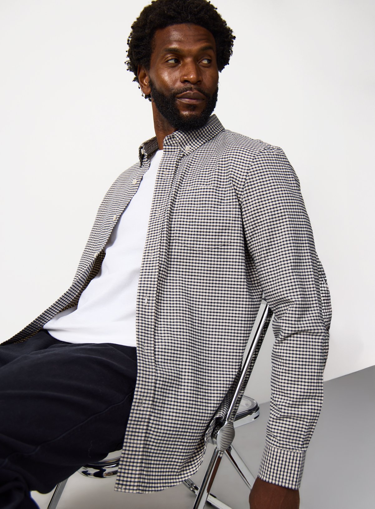 Navy Gingham Print Long Sleeve Oxford Shirt 