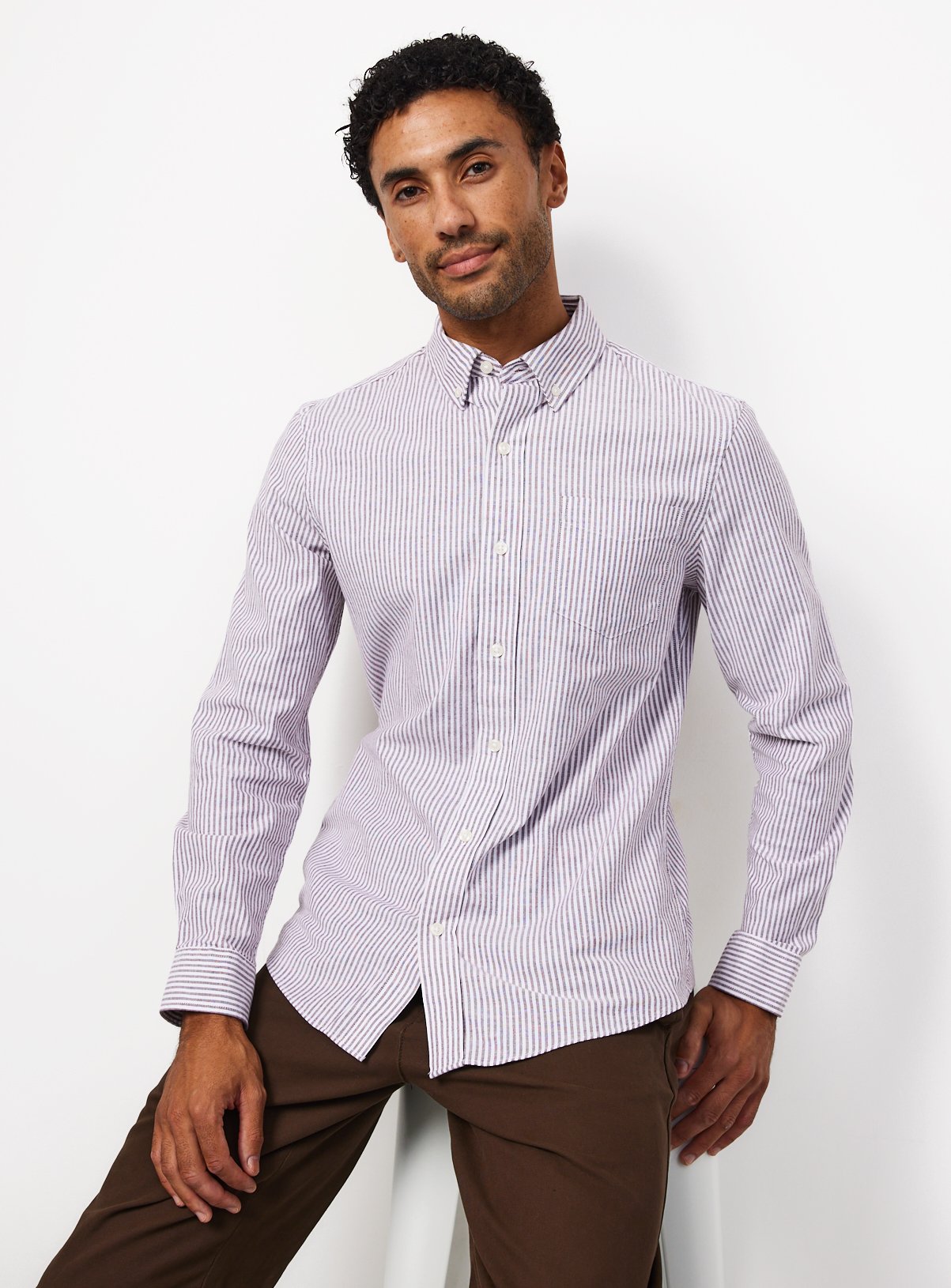 Dark Red Ticking Stripe Oxford Slim Fit Shirt XXXL