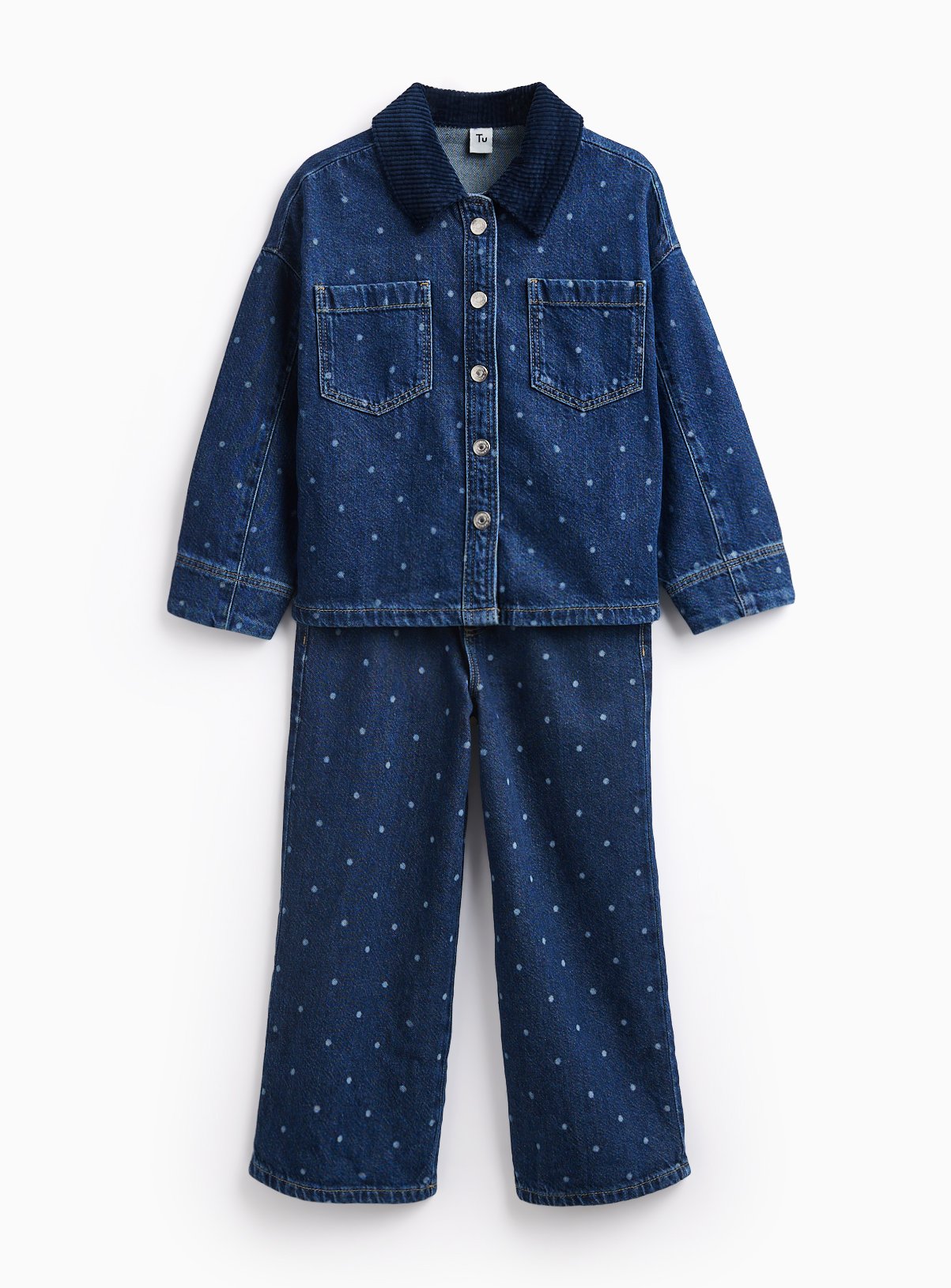 Denim Polka Dot Jacket & Wide Leg Jeans Set 