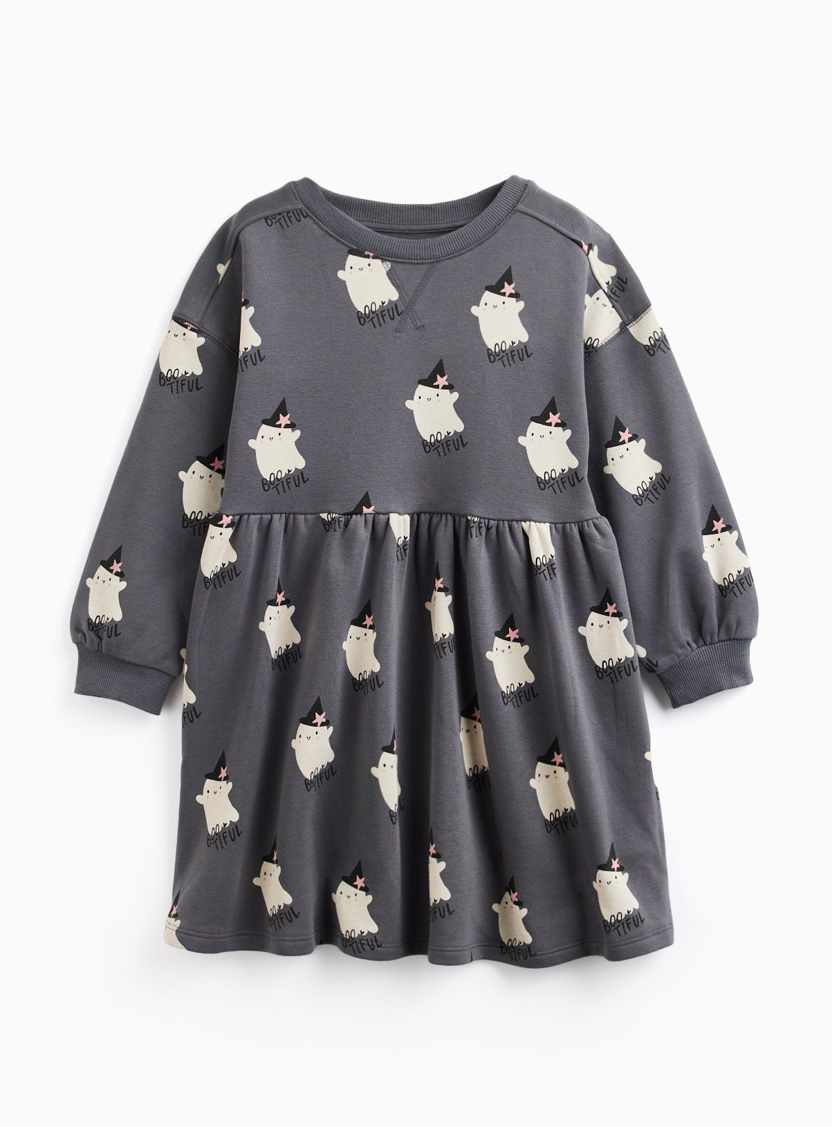 Grey Halloween Ghost Print Sweatshirt Dress 