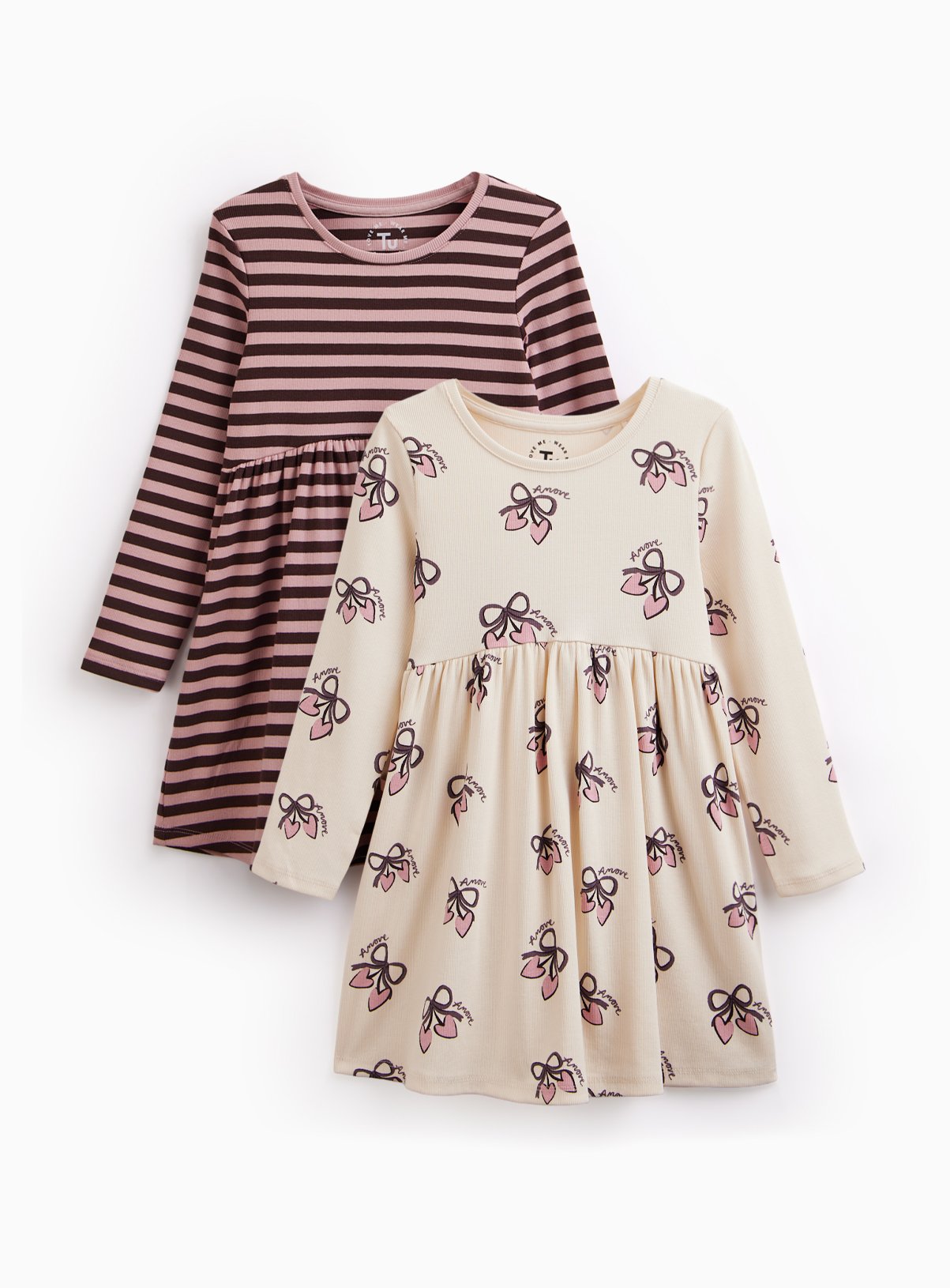 Cream Rib Jersey Dress Striped and Bow 2 Pack 
