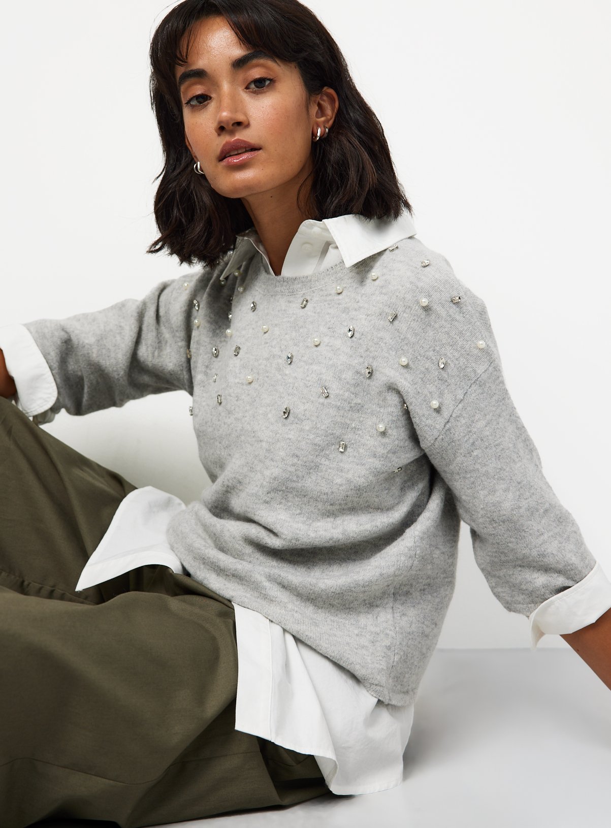 Grey Jewel Detail Knitted Top 