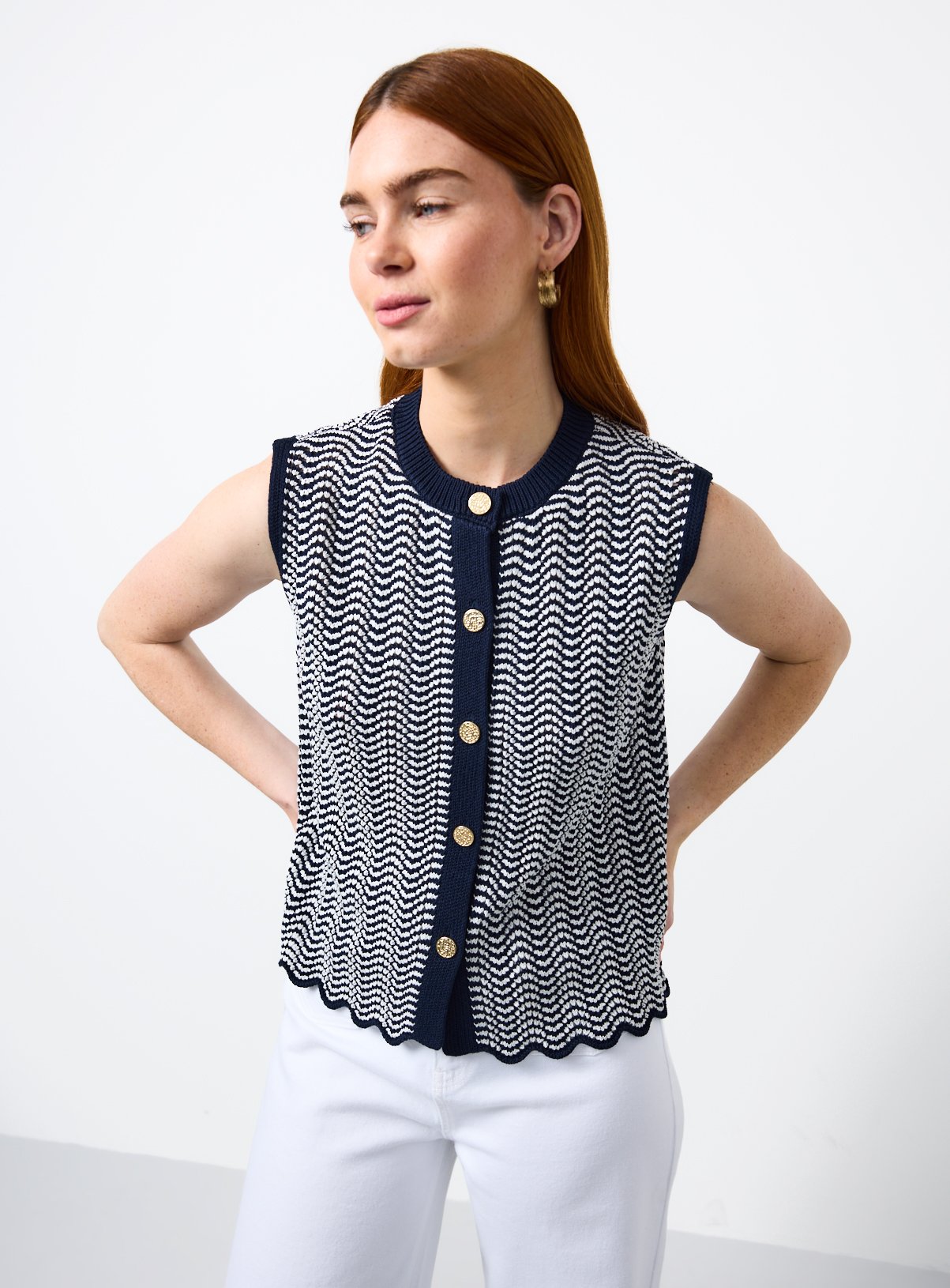 Mono Wavy Stripe Gold Button Waistcoat
