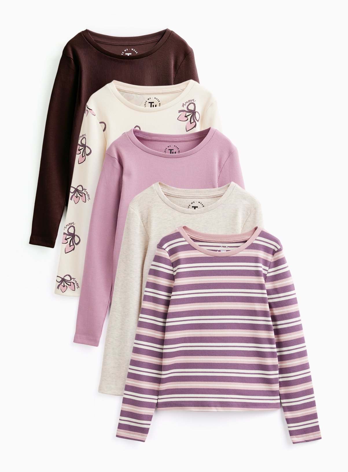 Pink Prints Ribbed Long Sleeve Tops 5 Pack 7-8 years