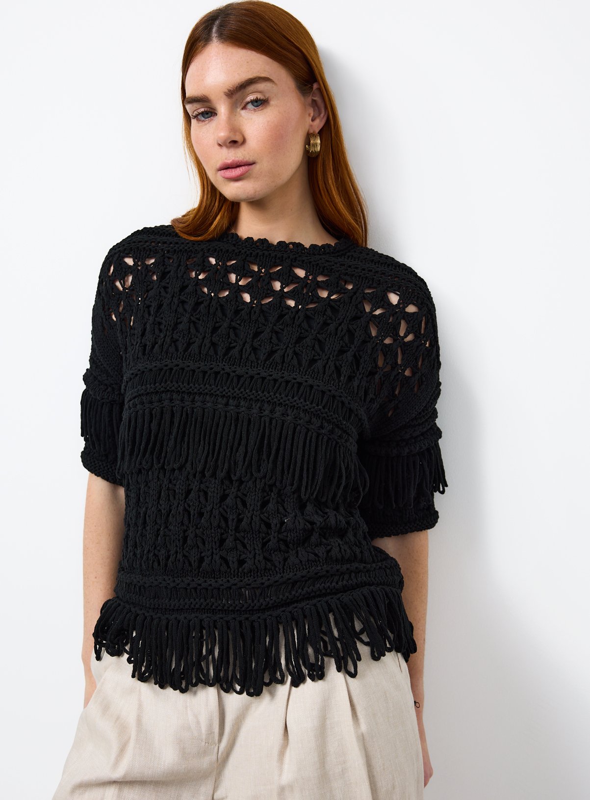 Black Fringed Open Stitch Cable Knit Jumper XS