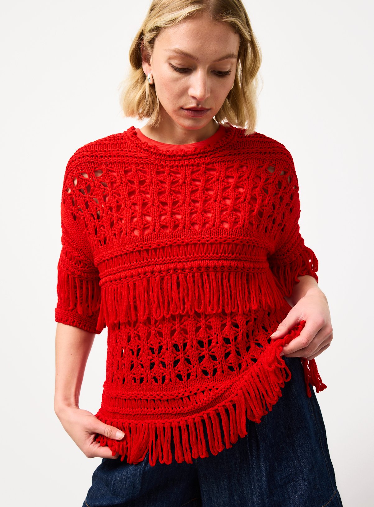 Red Fringed Open Stitch Cable Knit Jumper XL