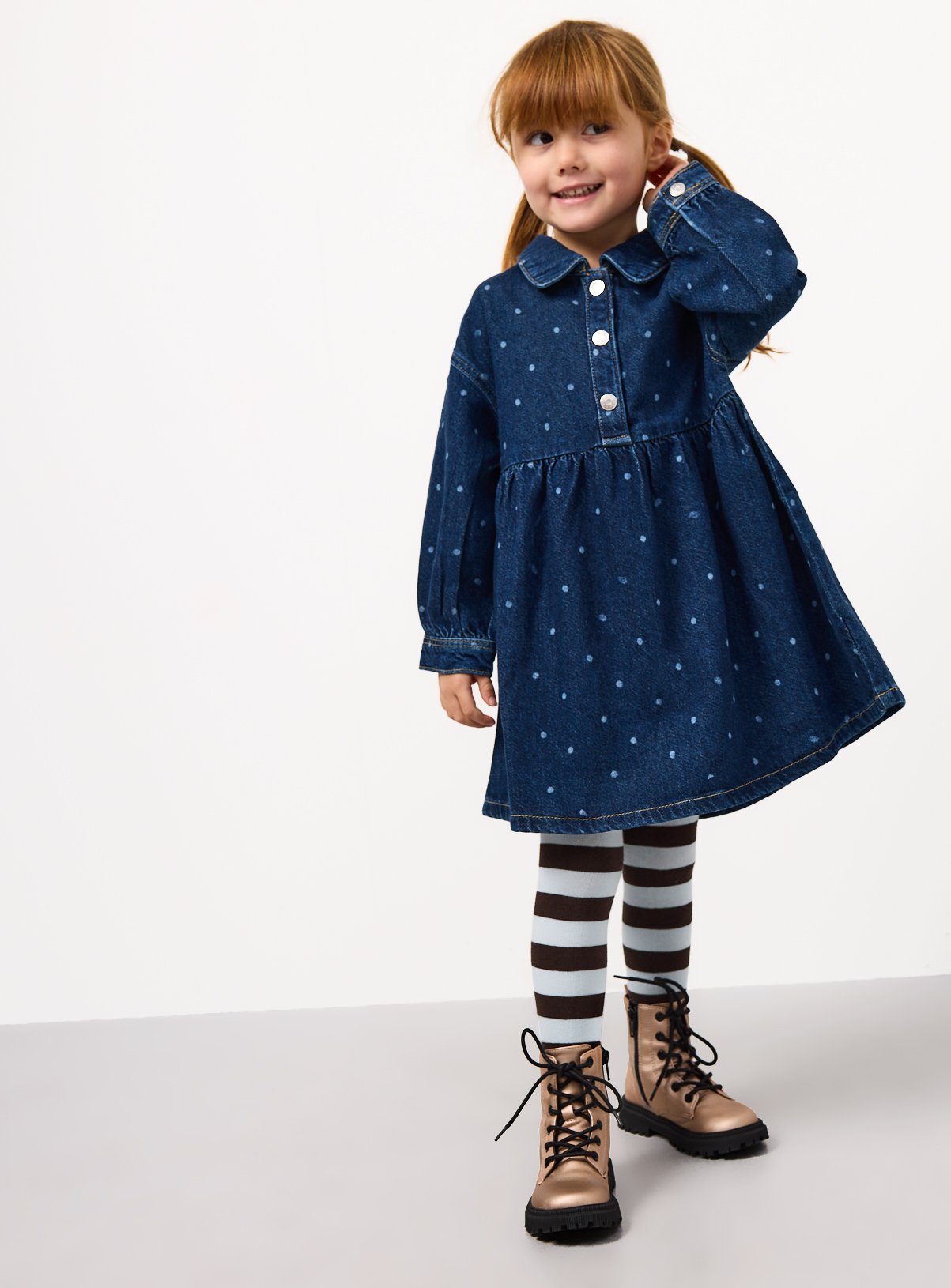 Dark Denim Polka Dot Print Shirt Dress & Tights Set 