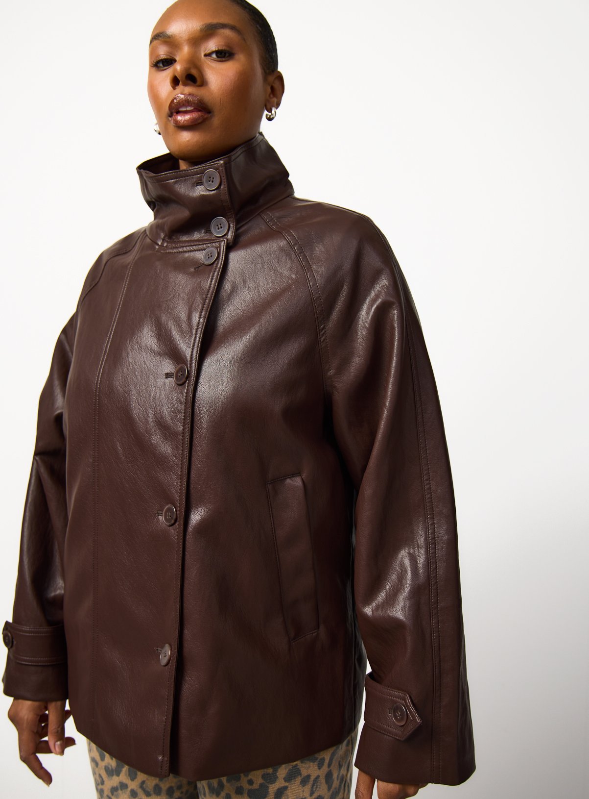 PU Leather Funnel Neck Jacket 