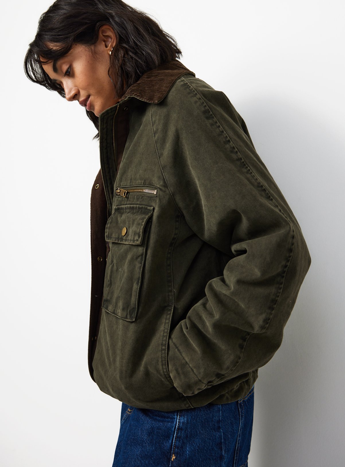 Khaki Field Jacket With Cord Collar 