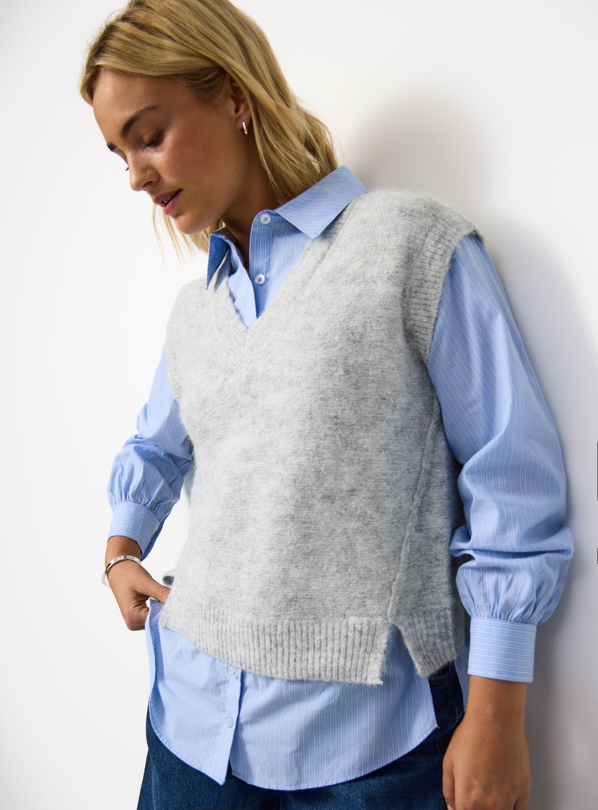 Grey Mock Layer V Neck Vest & Shirt Set 