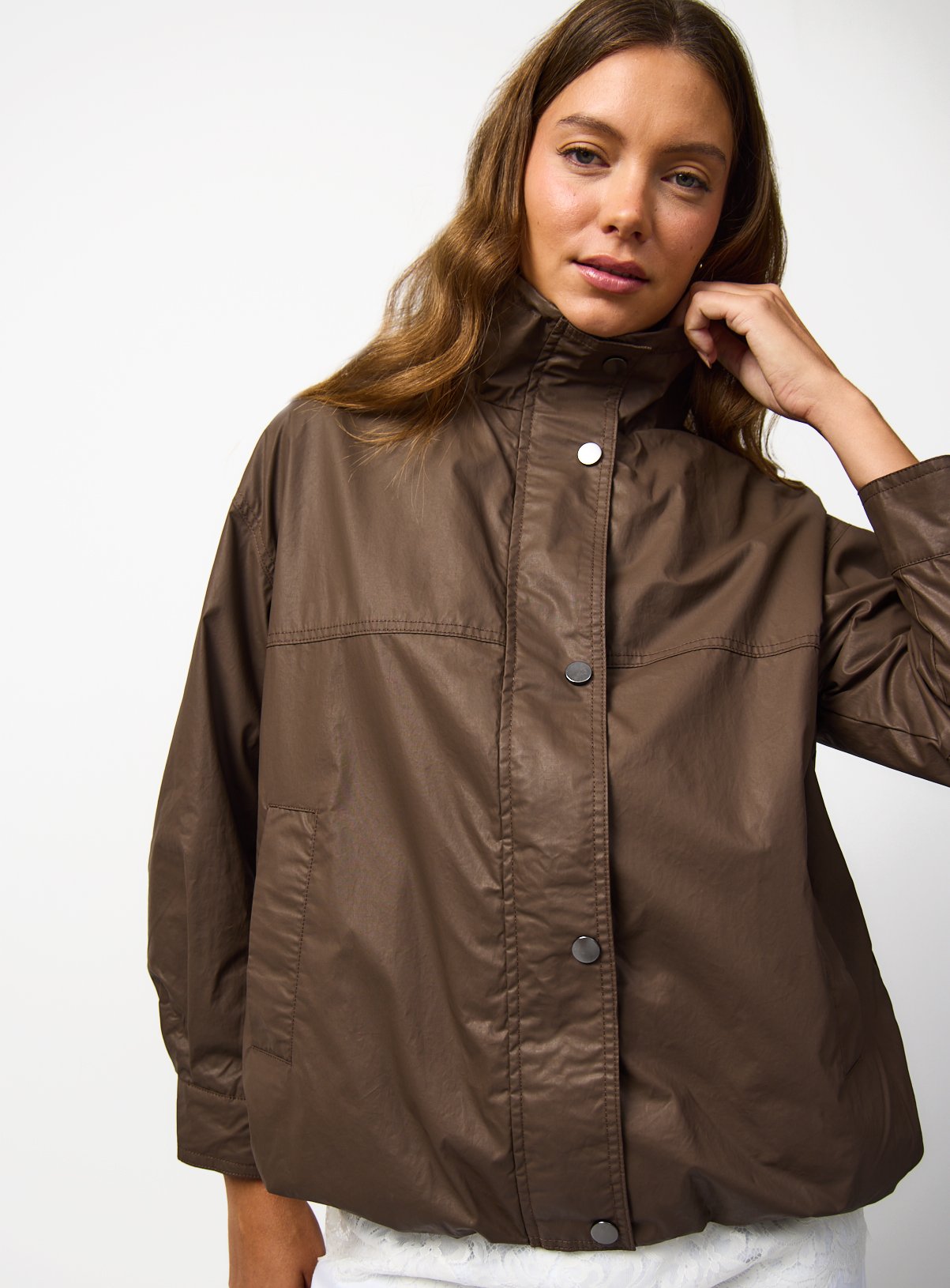 Brown Coated Funnel Neckline Bomber Jacket XL