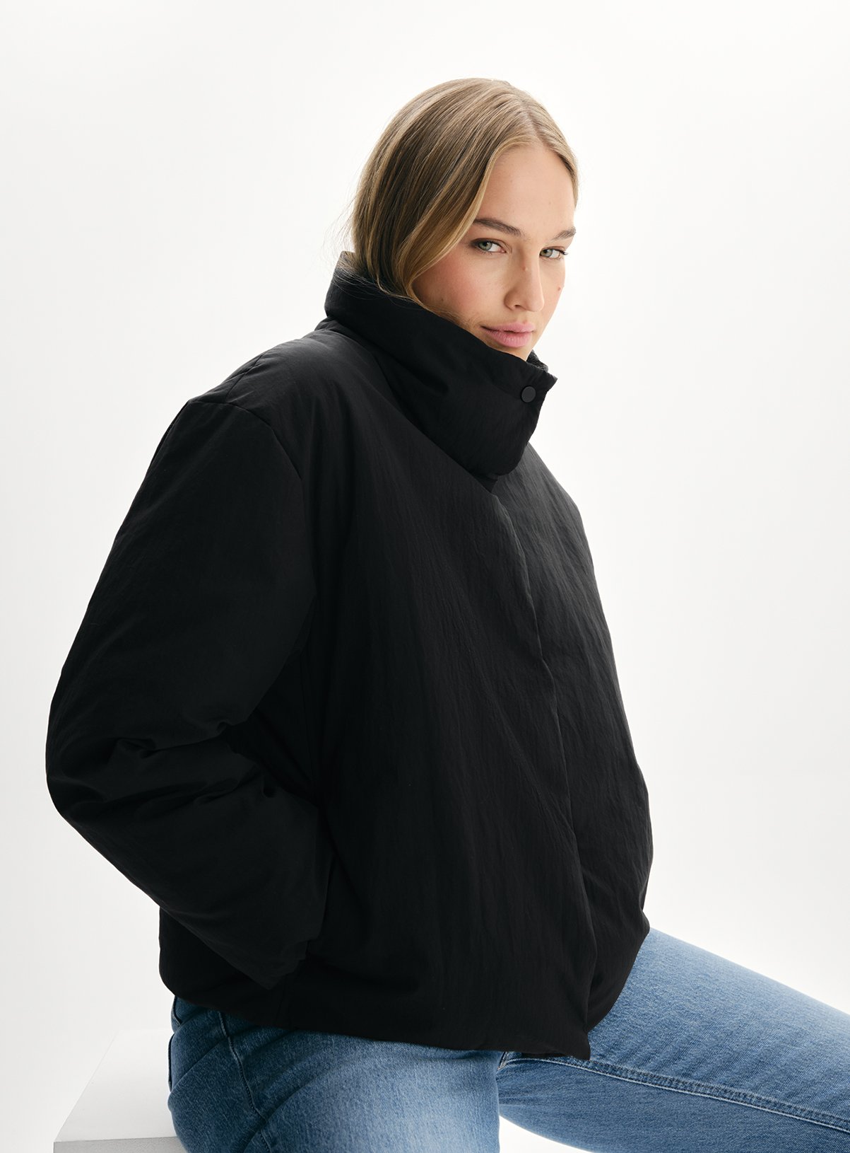 Black Funnel Neck Padded Puffer Coat 