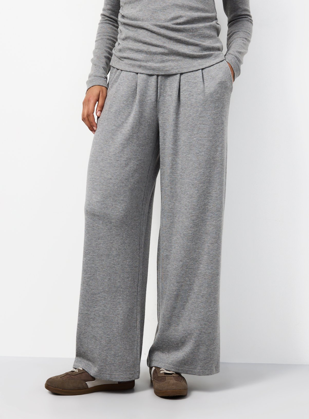 Grey Pleated Soft Touch Wide Leg Trousers 