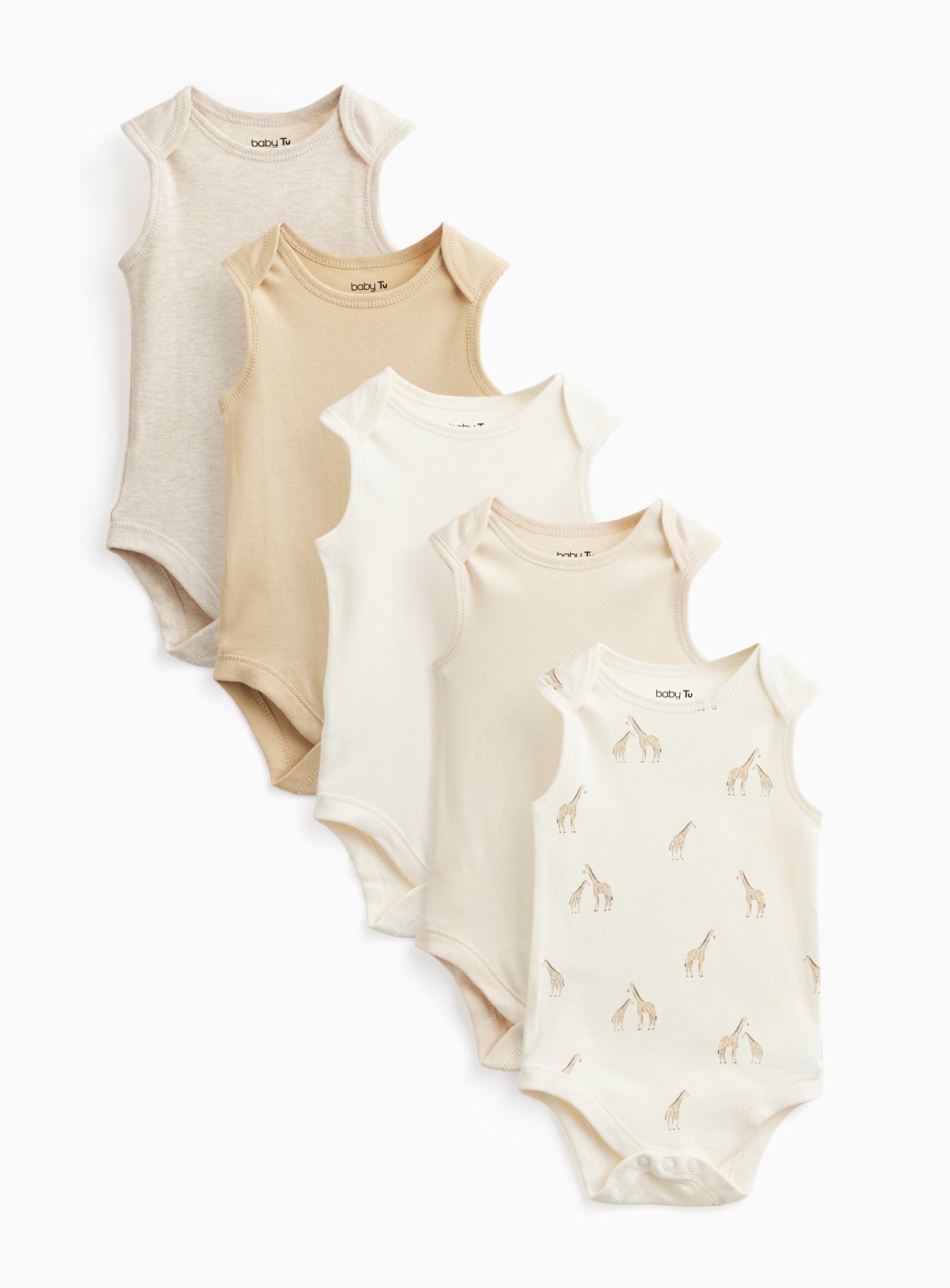 Cream & Giraffe Print Sleeveless Bodysuits 5 Pack Up to 3 mths