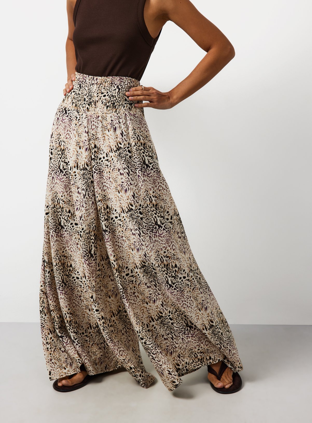 Beige Animal Print Shirred Waist Palazzo Trousers 8