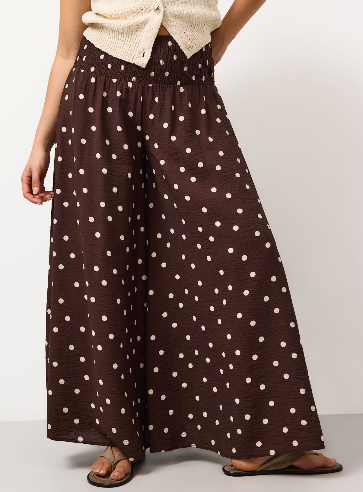 Print Shirred Waist Palazzo Trousers 