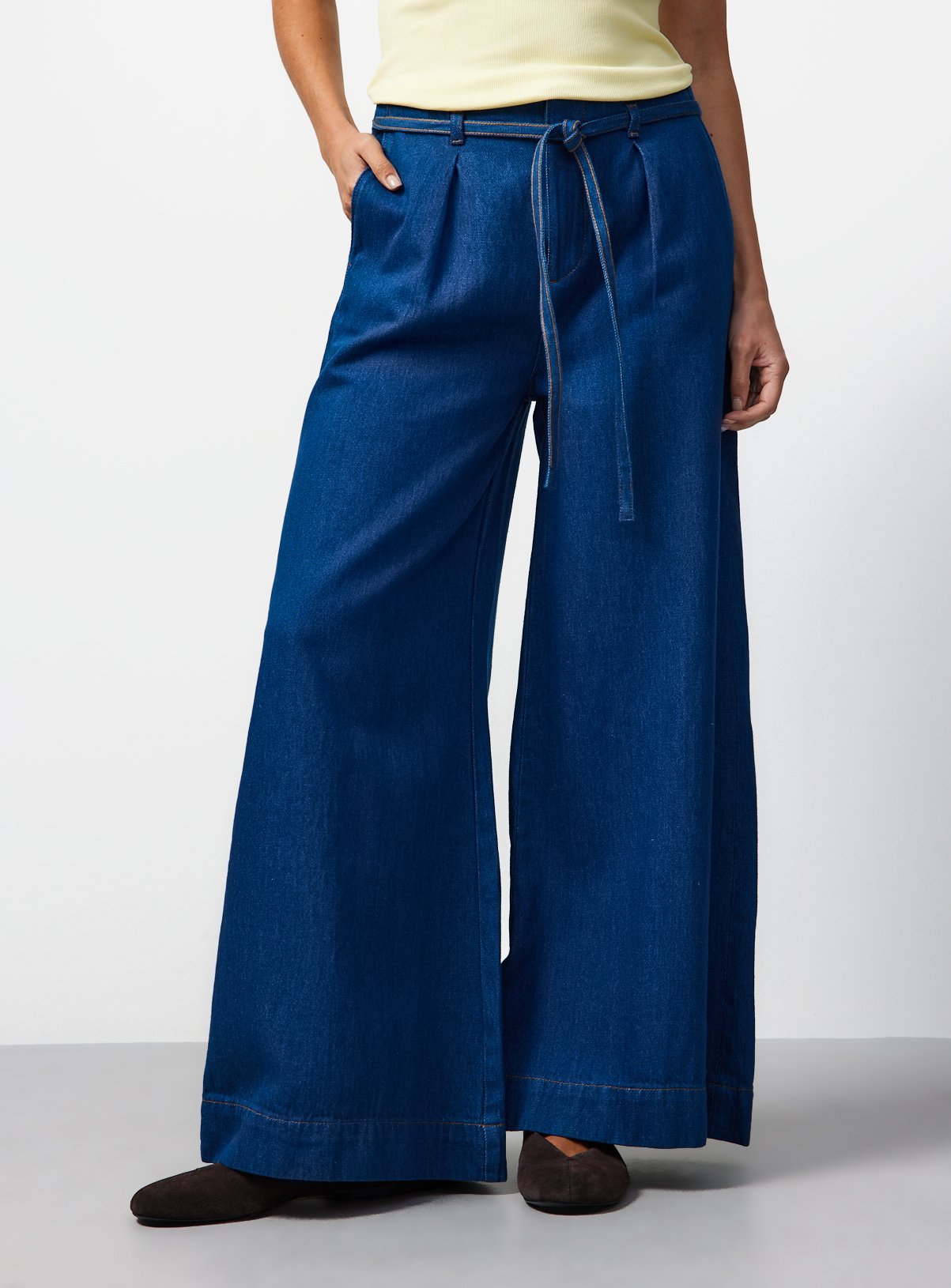 Bright Blue Denim Belted Relaxed Flare Jeans 