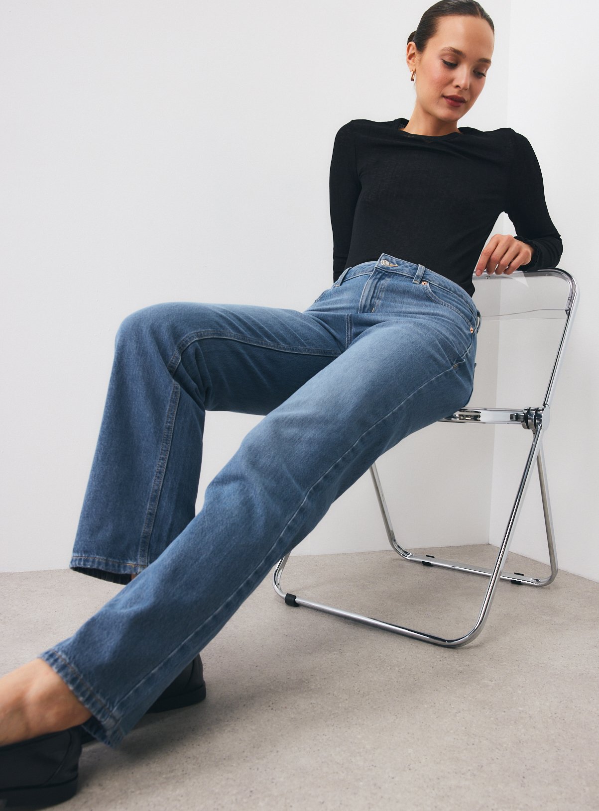 Mid Blue HIgh Rise Relaxed Straight Jeans 