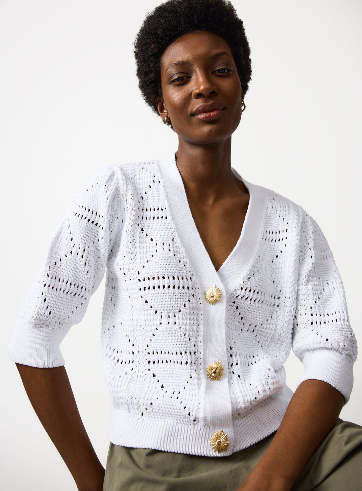White Crochet Style Volume Sleeve Cardigan 12