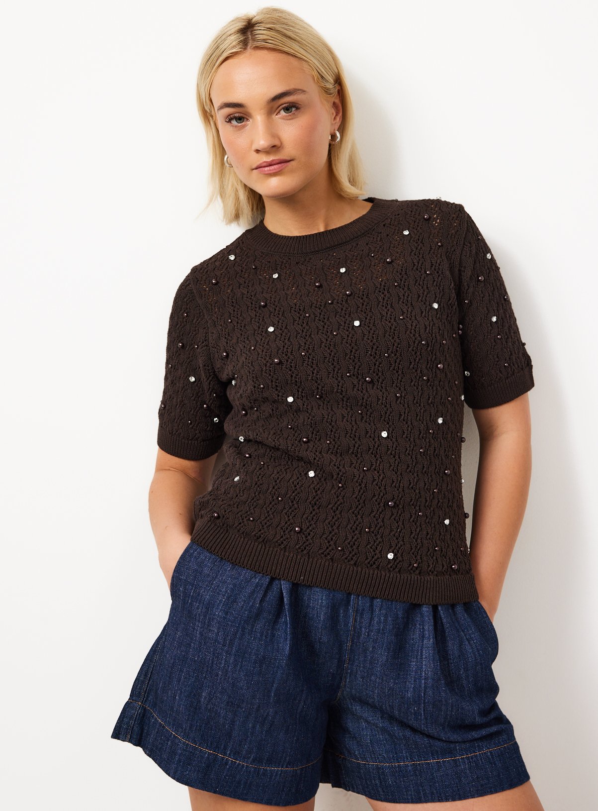 Brown Embellished Stitch Detail Knitted T-Shirt 18