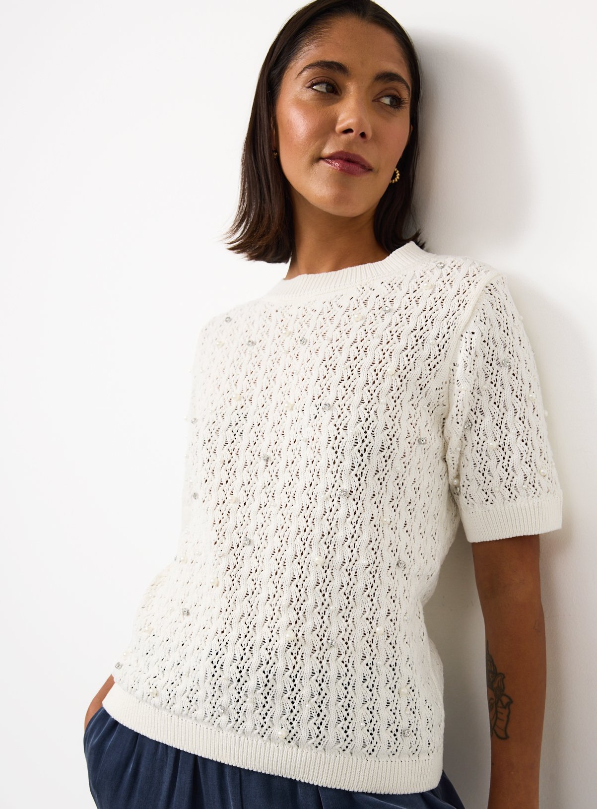 Embellished Stitch Detail Knitted T-Shirt 