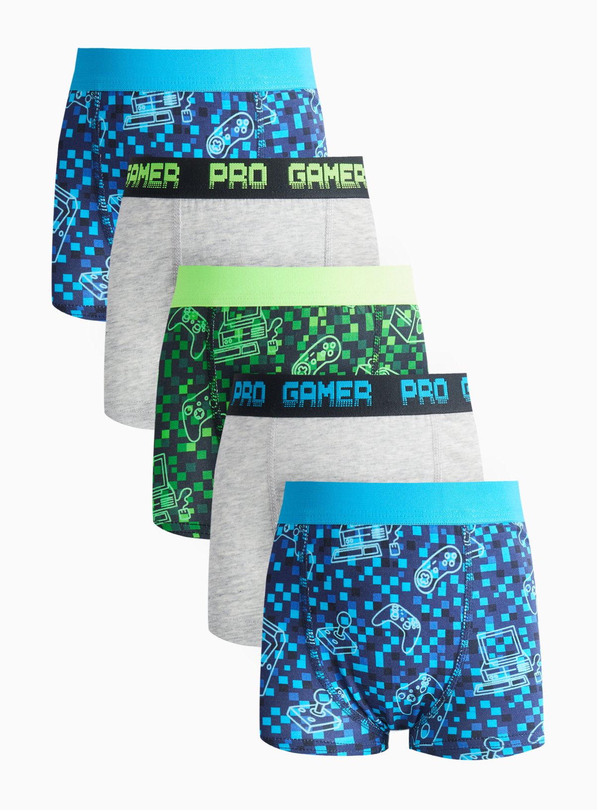 Blue, Green & Grey Gamer-Themed Trunks 5-Pack 3-4 years