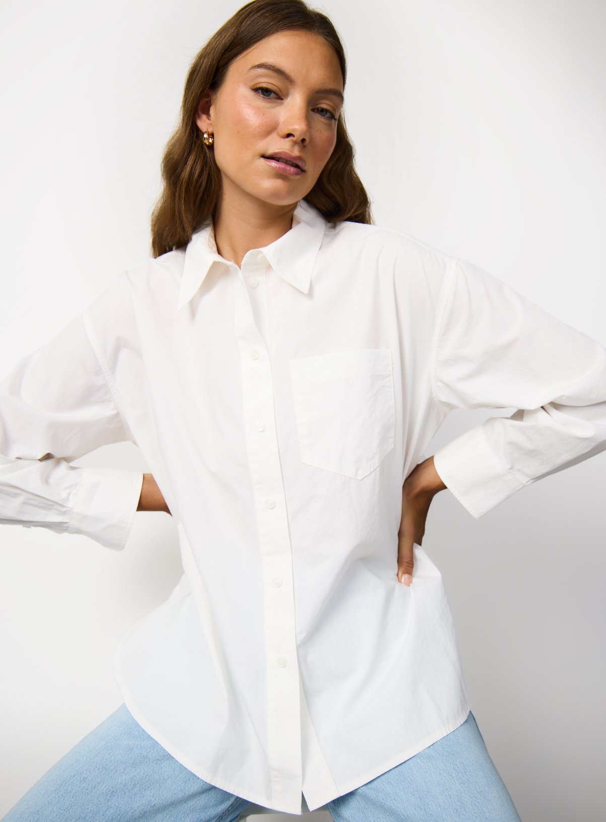 White Poplin Relaxed Fit Long Sleeve Shirt 