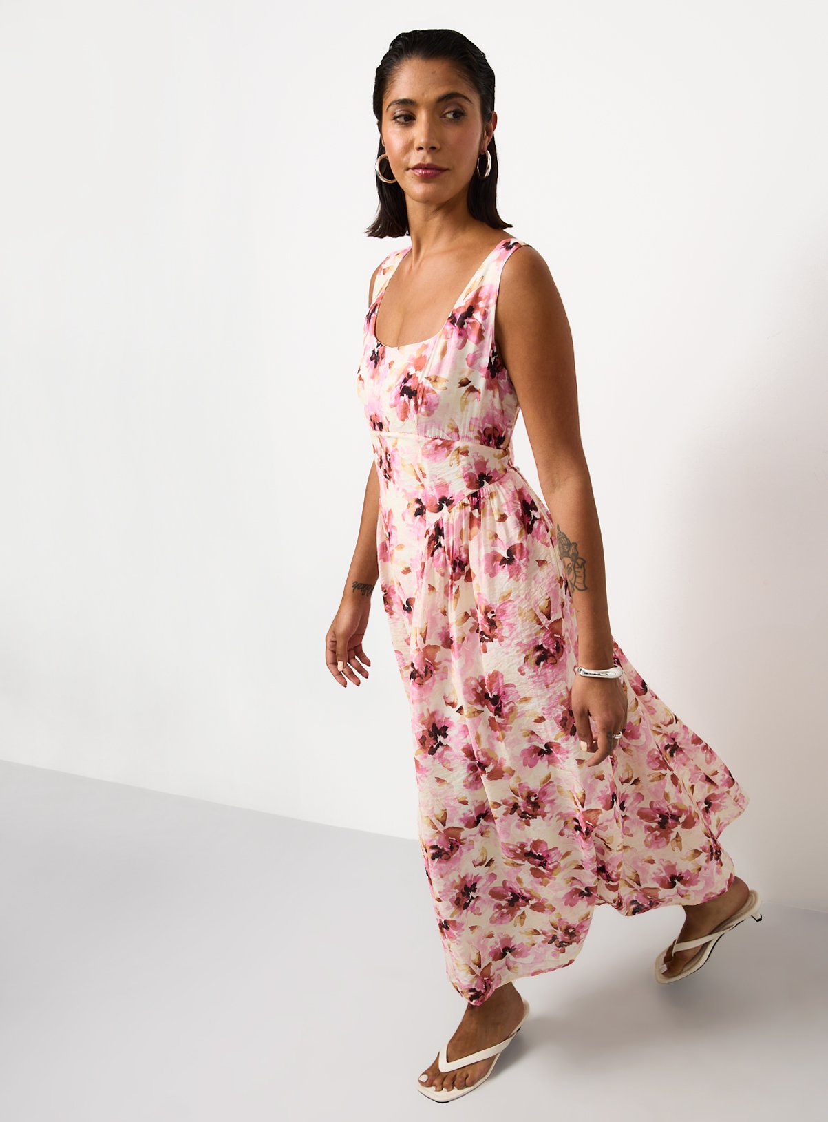 Pink Blurred Floral Print Ruffle Waisted Dress 