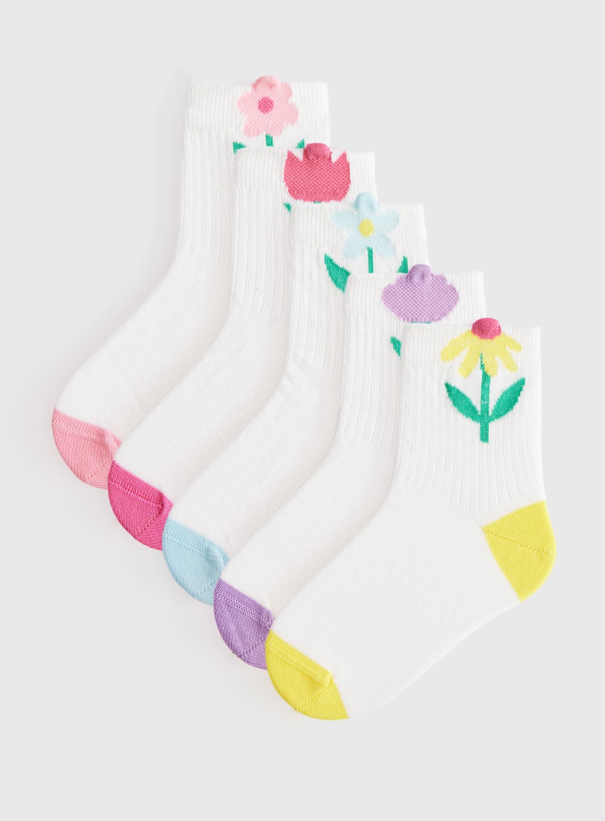 White 3D Flower Print Sport Style Ankle Socks 5 Pack 