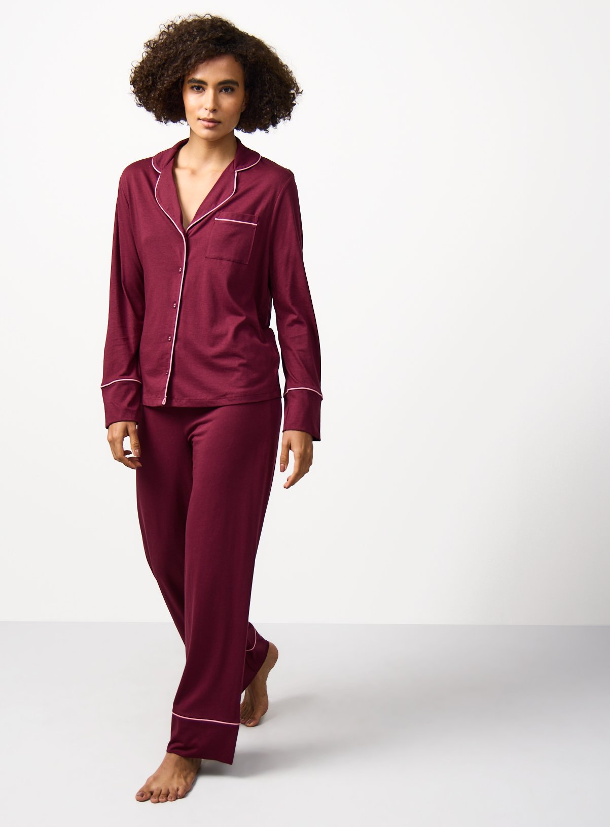 Burgundy Pink Piping Detail Traditional Pyjamas 