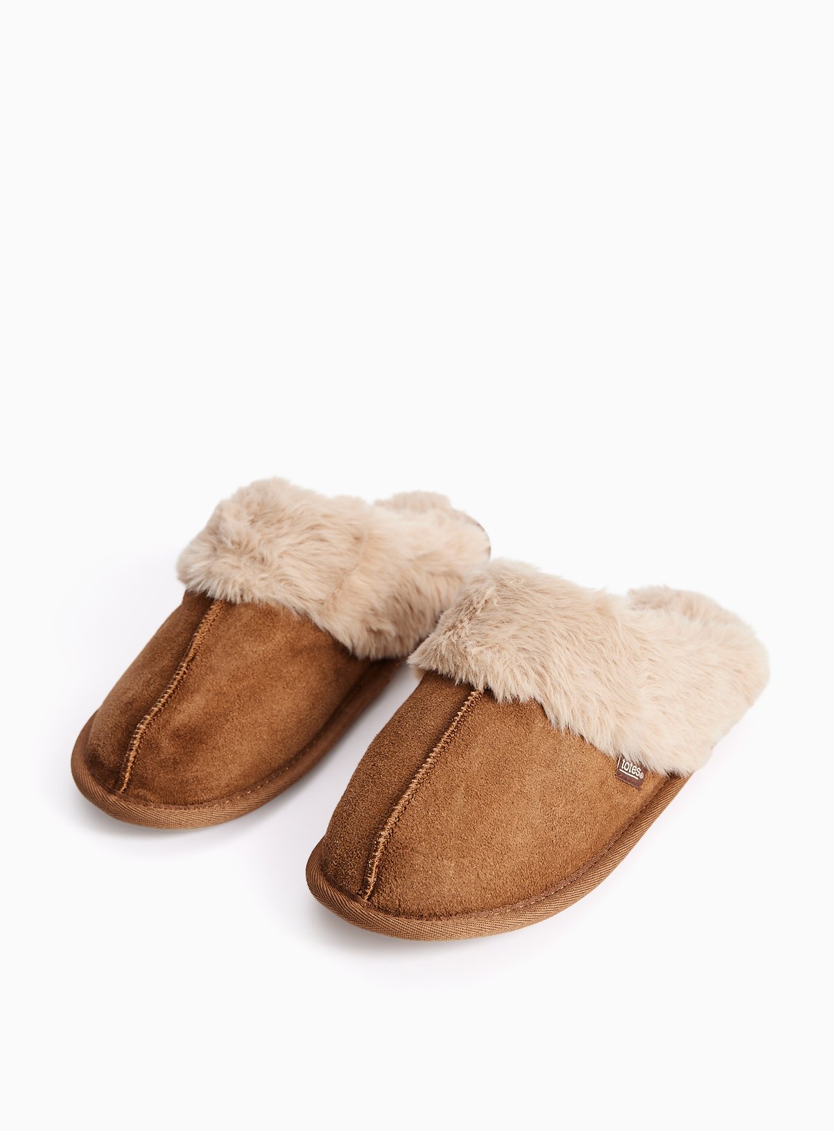 Tan Suede Fur Trim Mule Slippers 