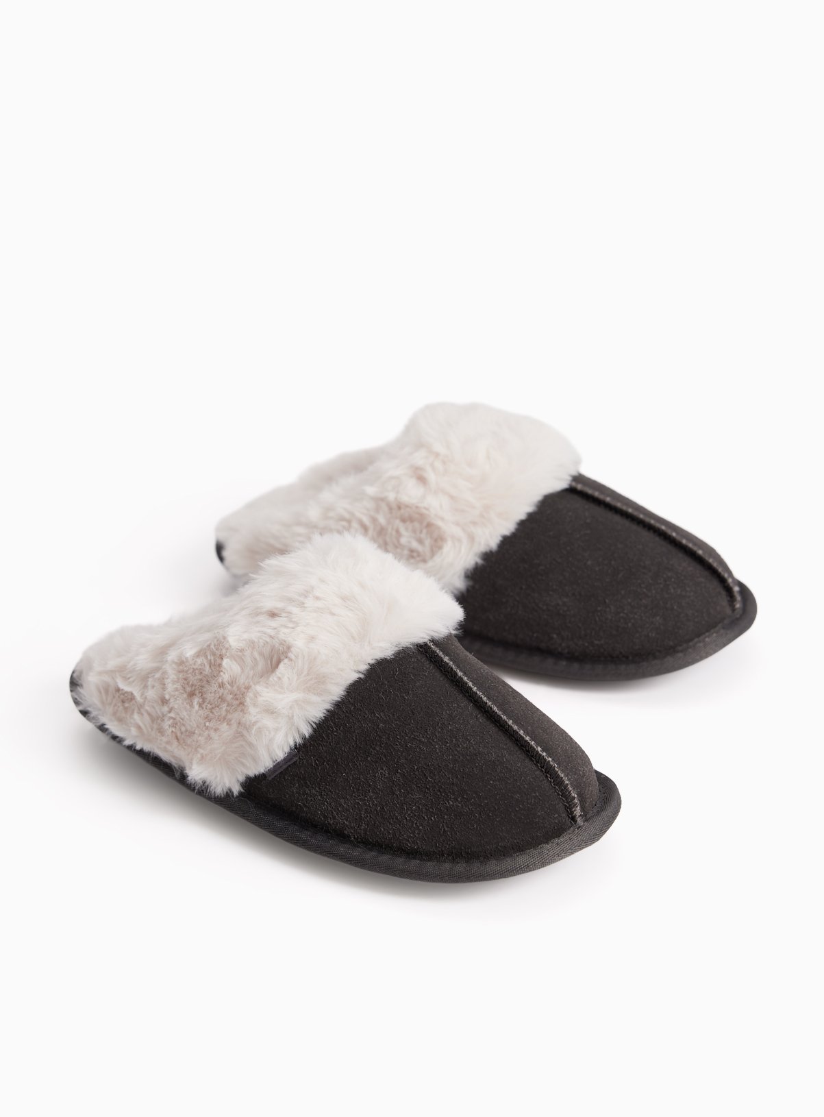 Charcoal Suede Fur Trim Mule Slippers 